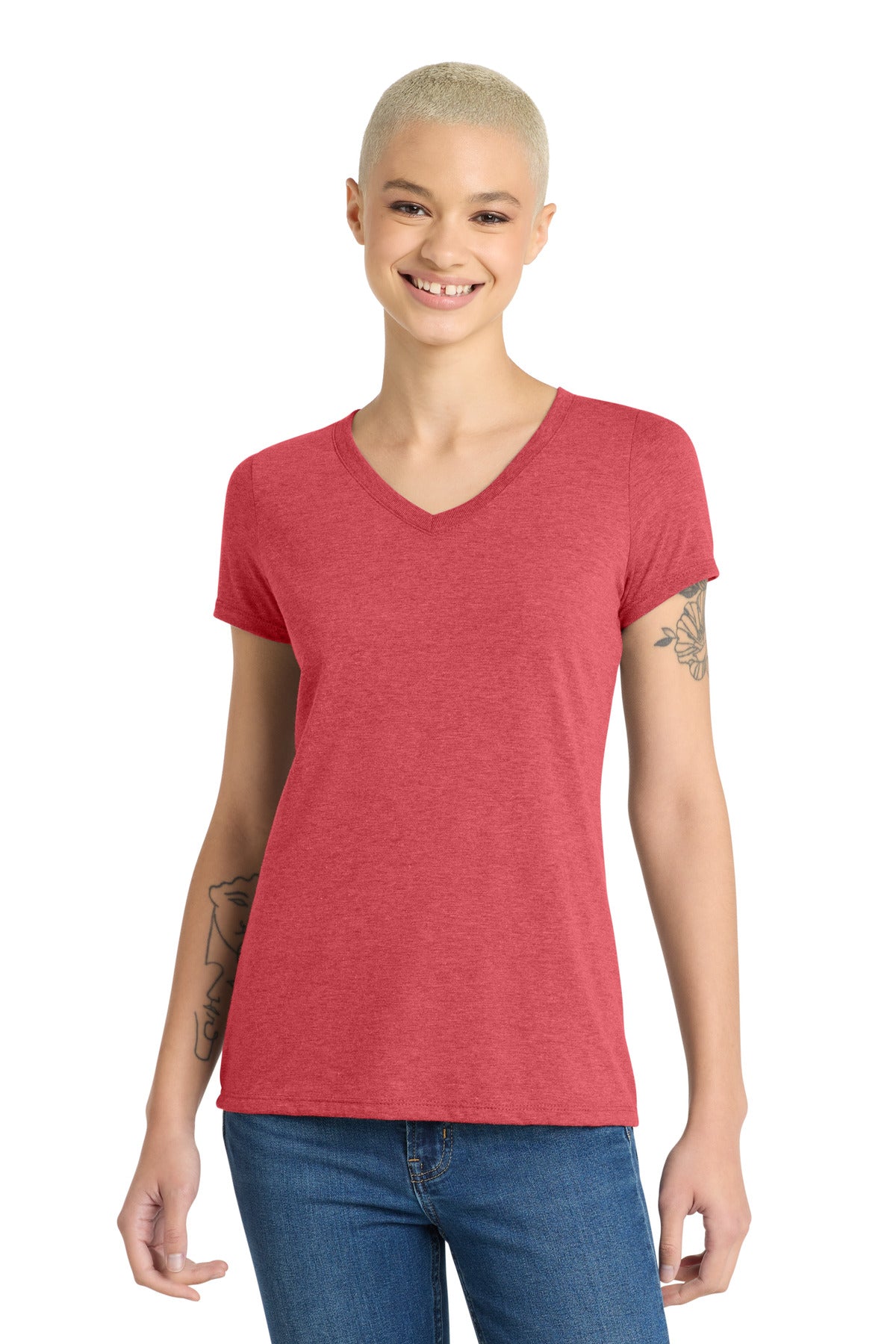 District Women's Perfect Tri V-Neck Tee. DM1350L - Red Frost