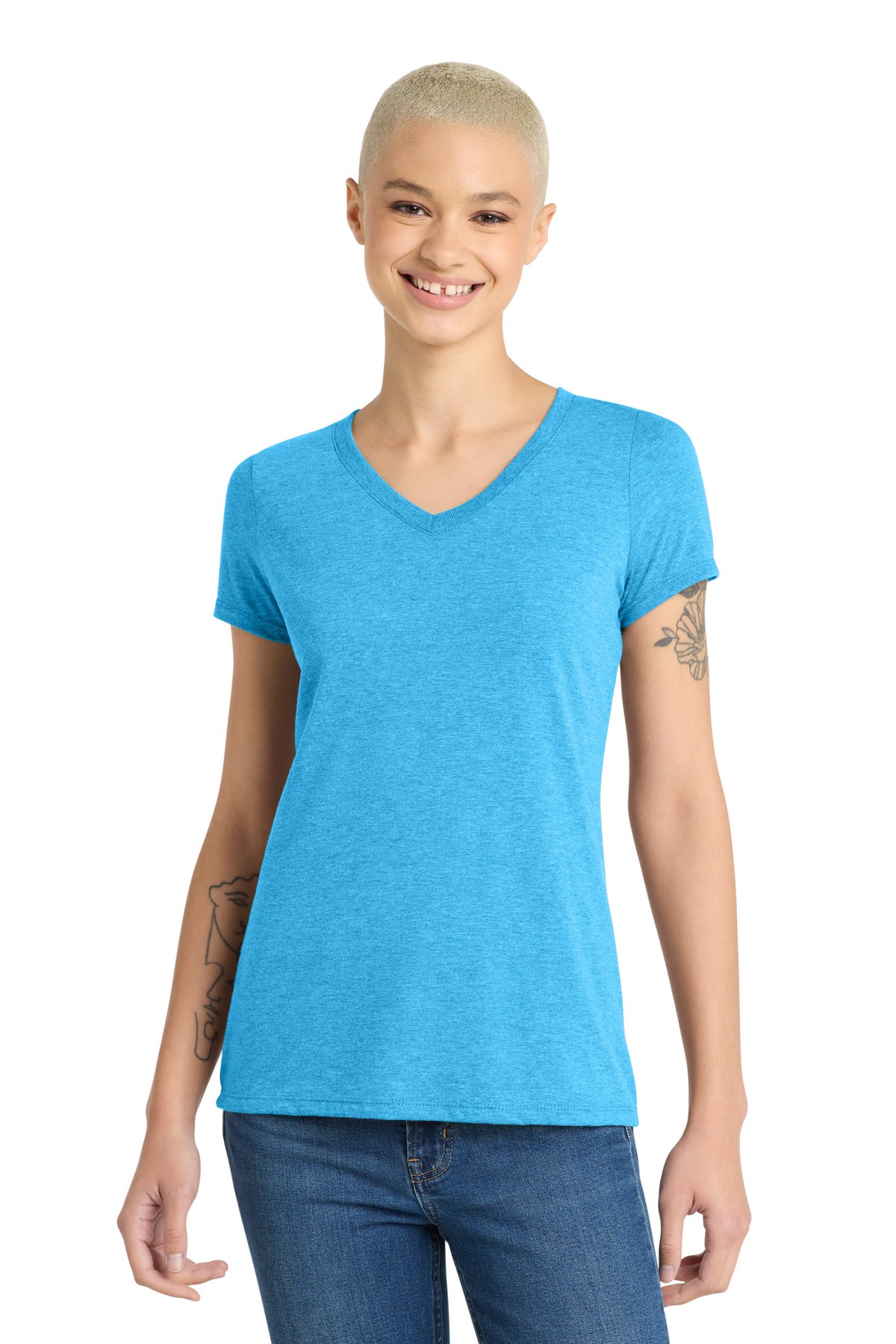 District Women's Perfect Tri V-Neck Tee. DM1350L - Turquoise Frost