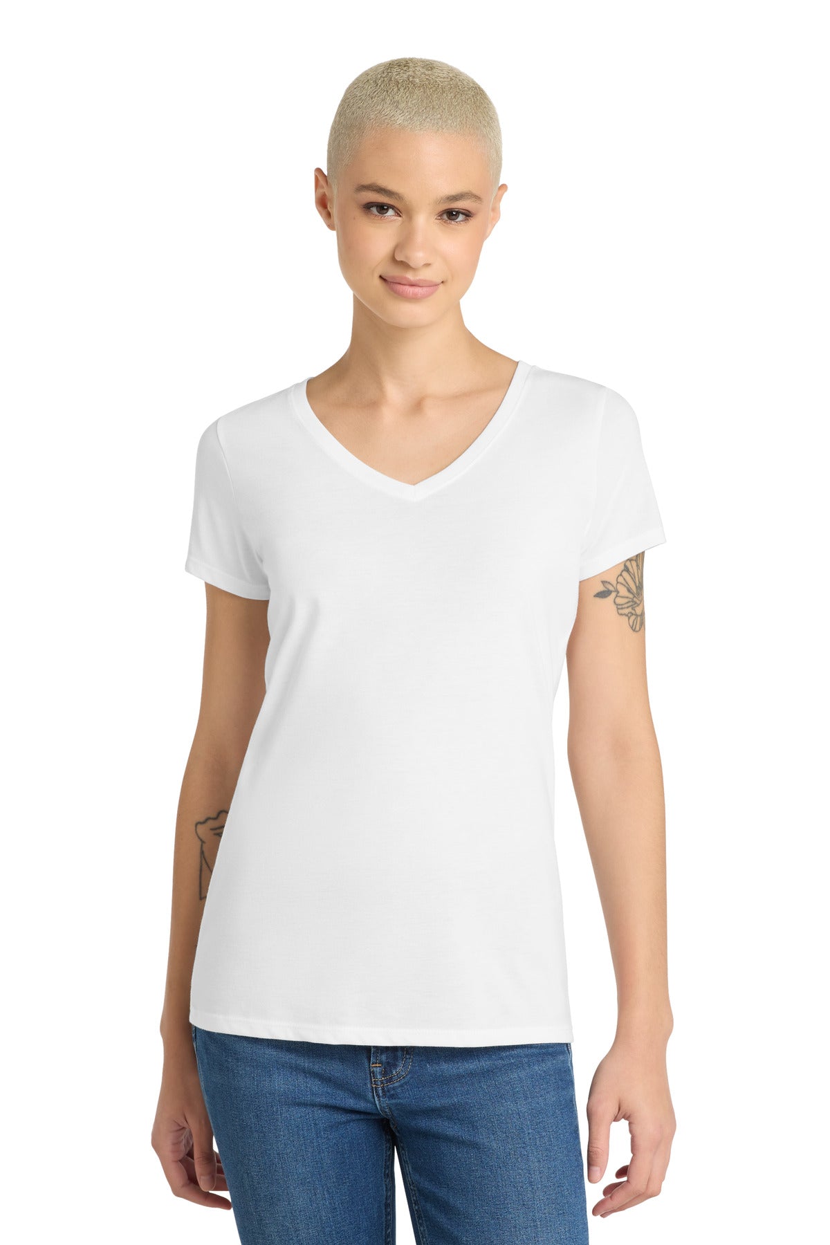 District Women's Perfect Tri V-Neck Tee. DM1350L - White