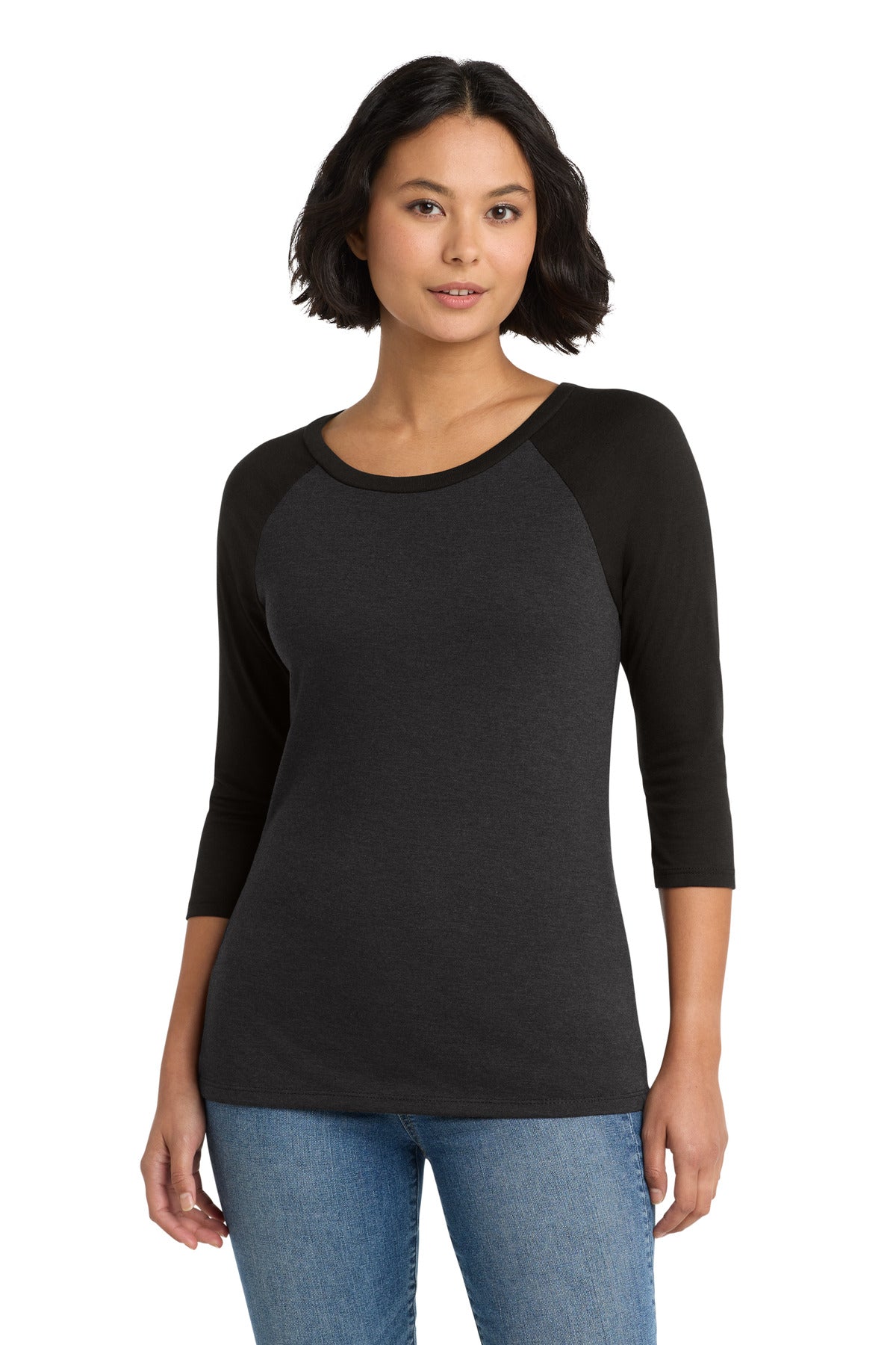 District Women's Perfect Tri 3/4-Sleeve Raglan. DM136L - Black/ Black Frost