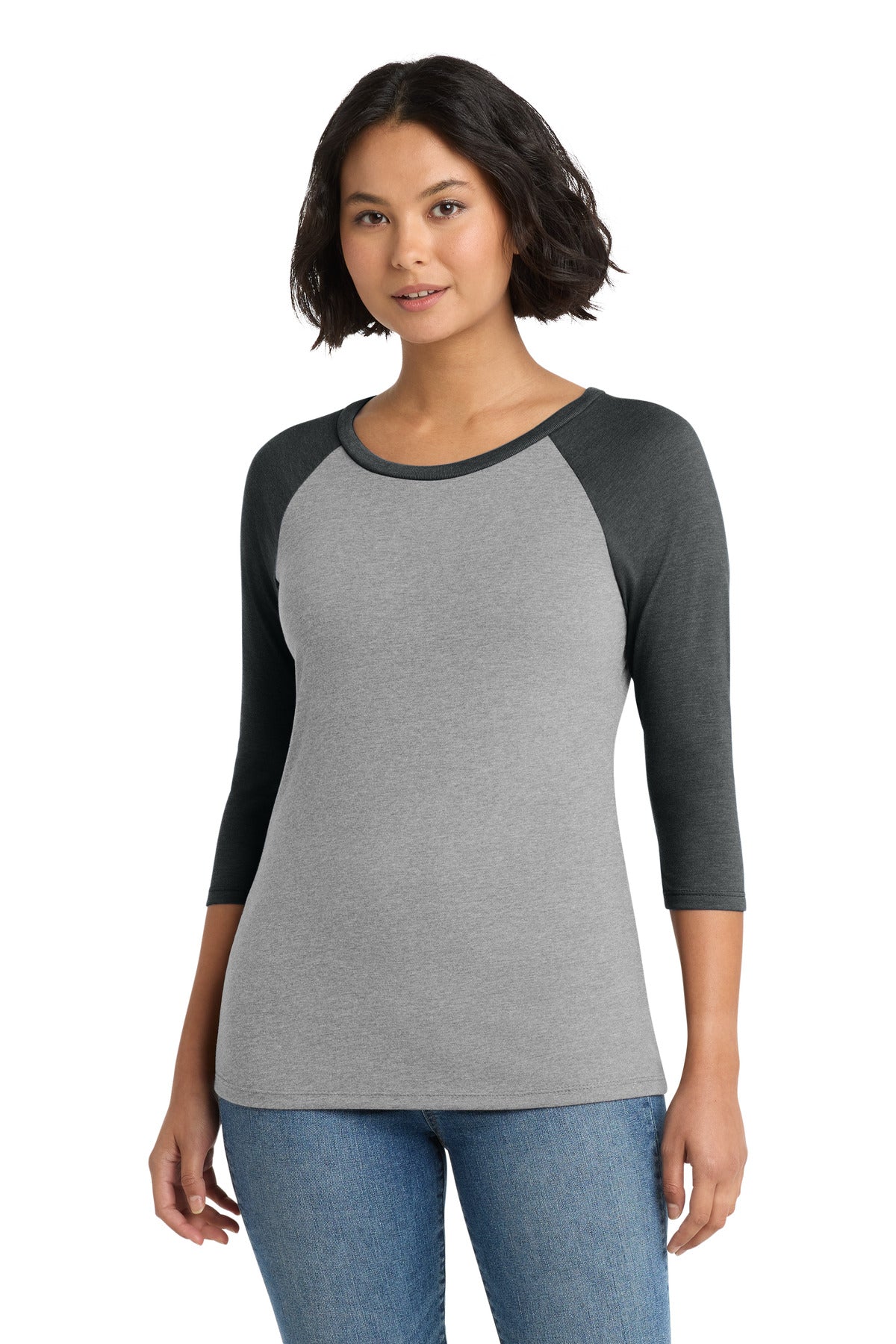 District Women's Perfect Tri 3/4-Sleeve Raglan. DM136L - Black Frost/ Grey Frost