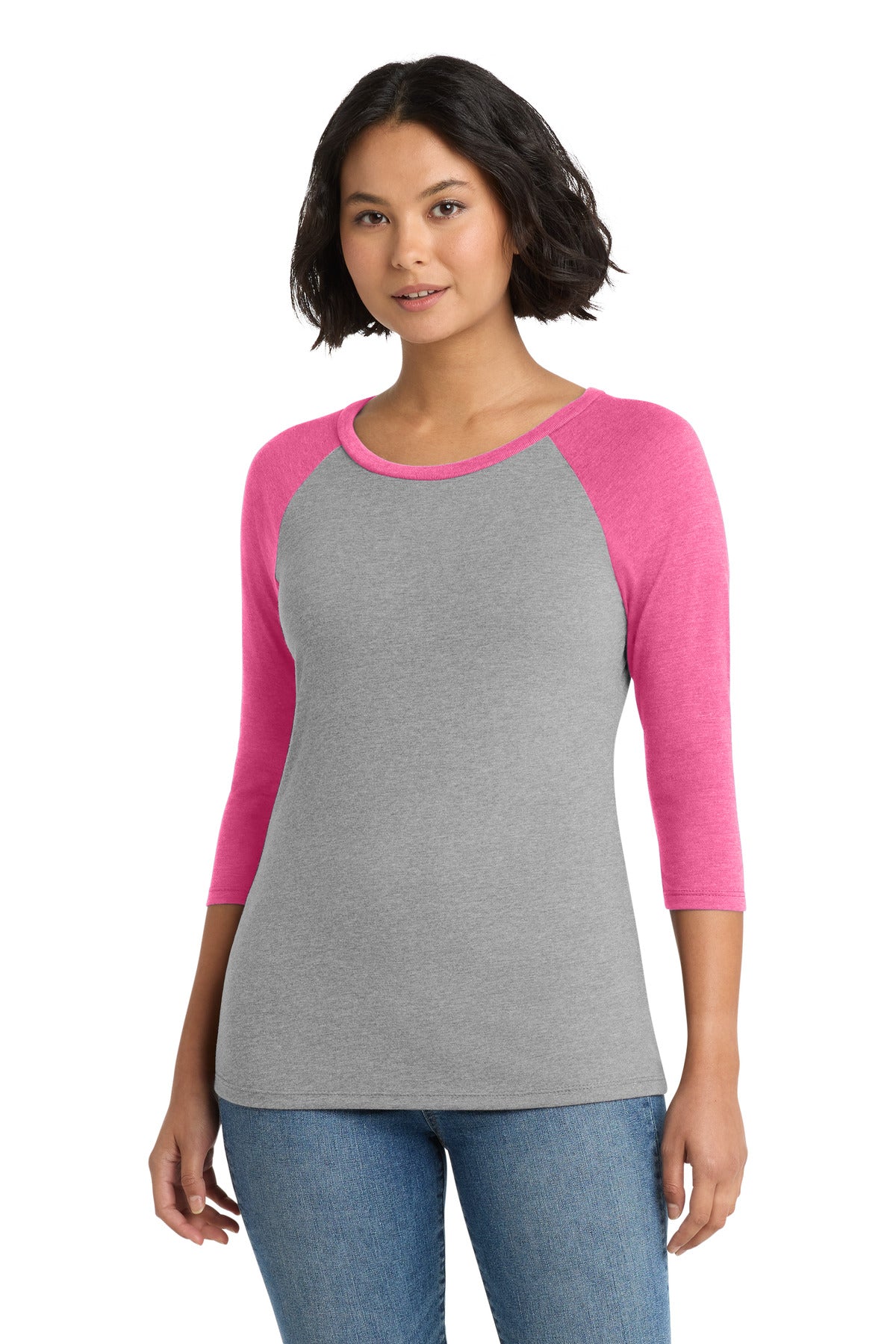 District Women's Perfect Tri 3/4-Sleeve Raglan. DM136L - Fuchsia Frost/ Grey Frost