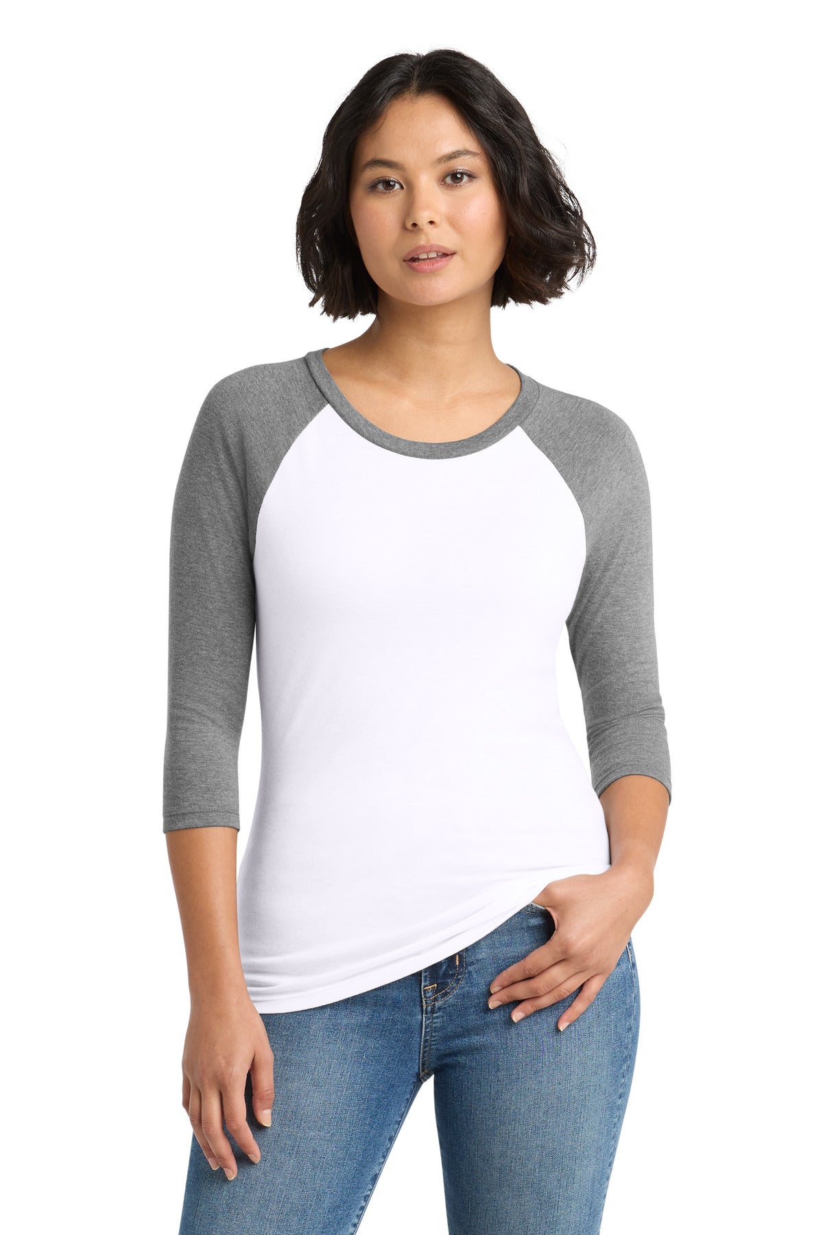 District Women's Perfect Tri 3/4-Sleeve Raglan. DM136L - Grey Frost/ White