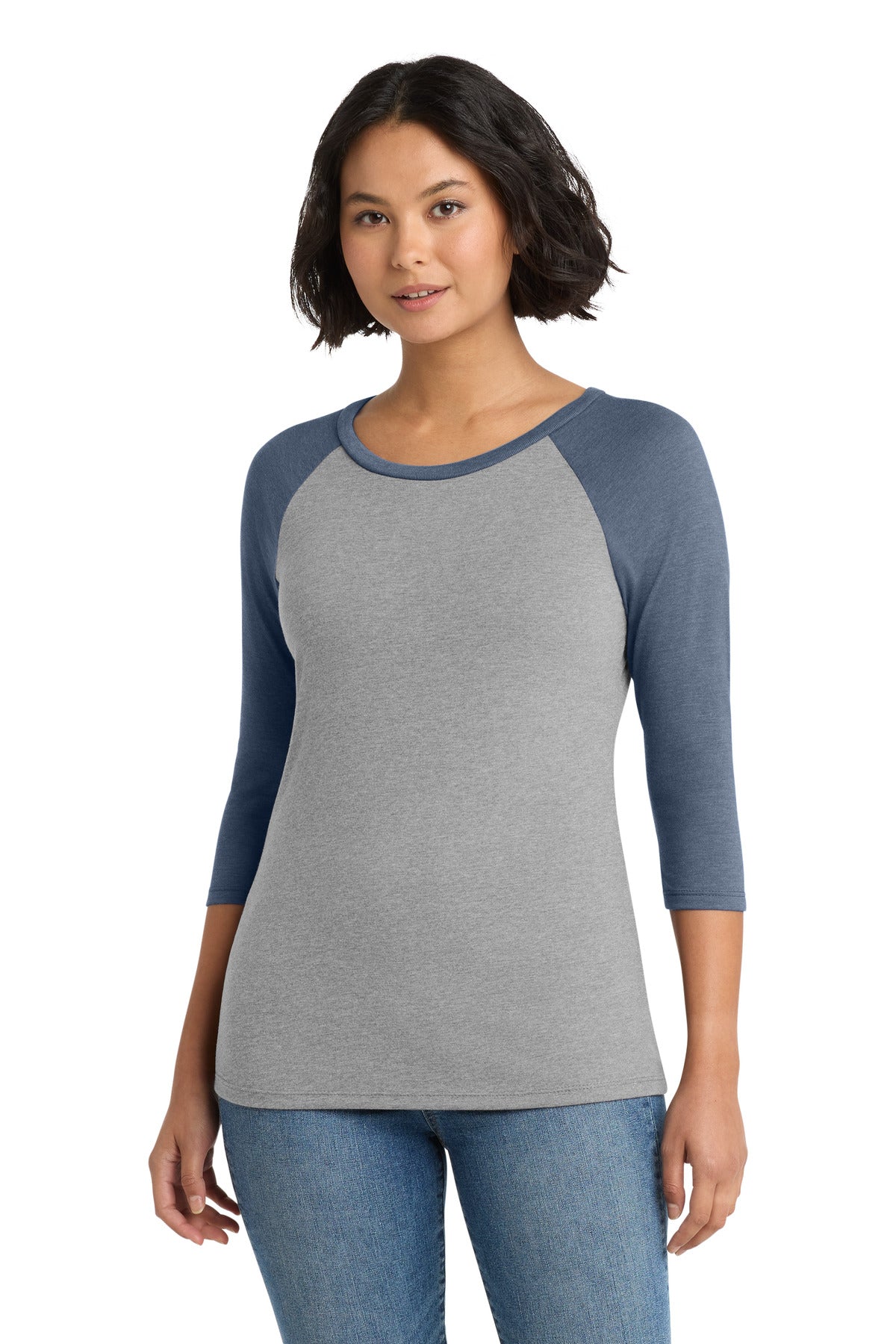 District Women's Perfect Tri 3/4-Sleeve Raglan. DM136L - Navy Frost/ Grey Frost