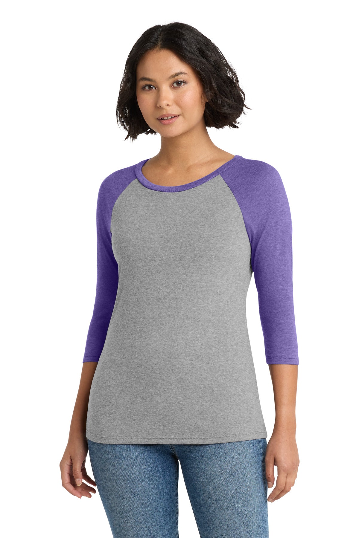 District Women's Perfect Tri 3/4-Sleeve Raglan. DM136L - Purple Frost/ Grey Frost