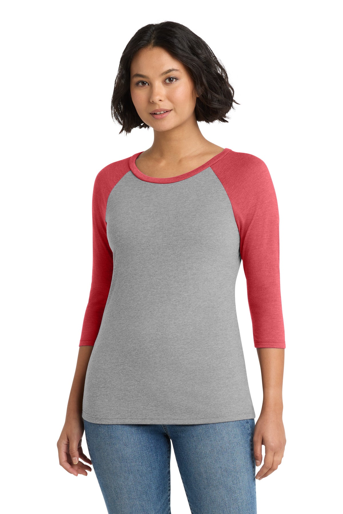 District Women's Perfect Tri 3/4-Sleeve Raglan. DM136L - Red Frost/ Grey Frost