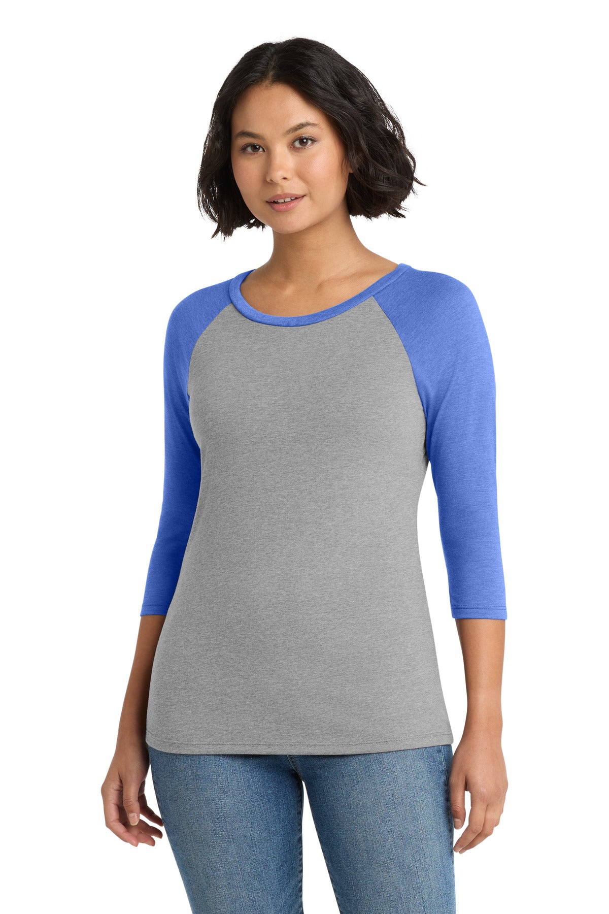 District Women's Perfect Tri 3/4-Sleeve Raglan. DM136L - Royal Frost/ Grey Frost