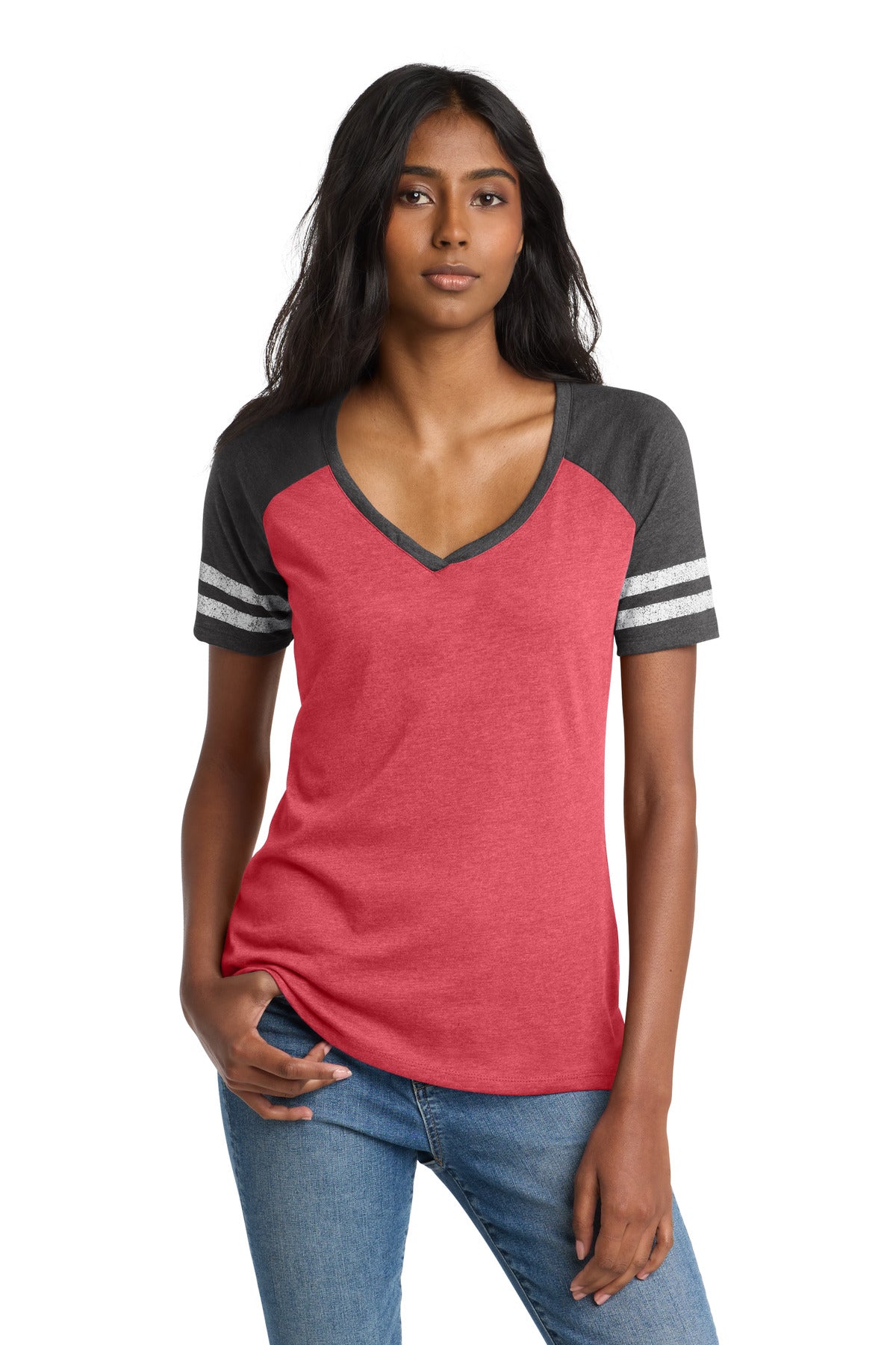 District  Women's Game V-Neck Tee. DM476 - Heathered Red/ Heathered Charcoal