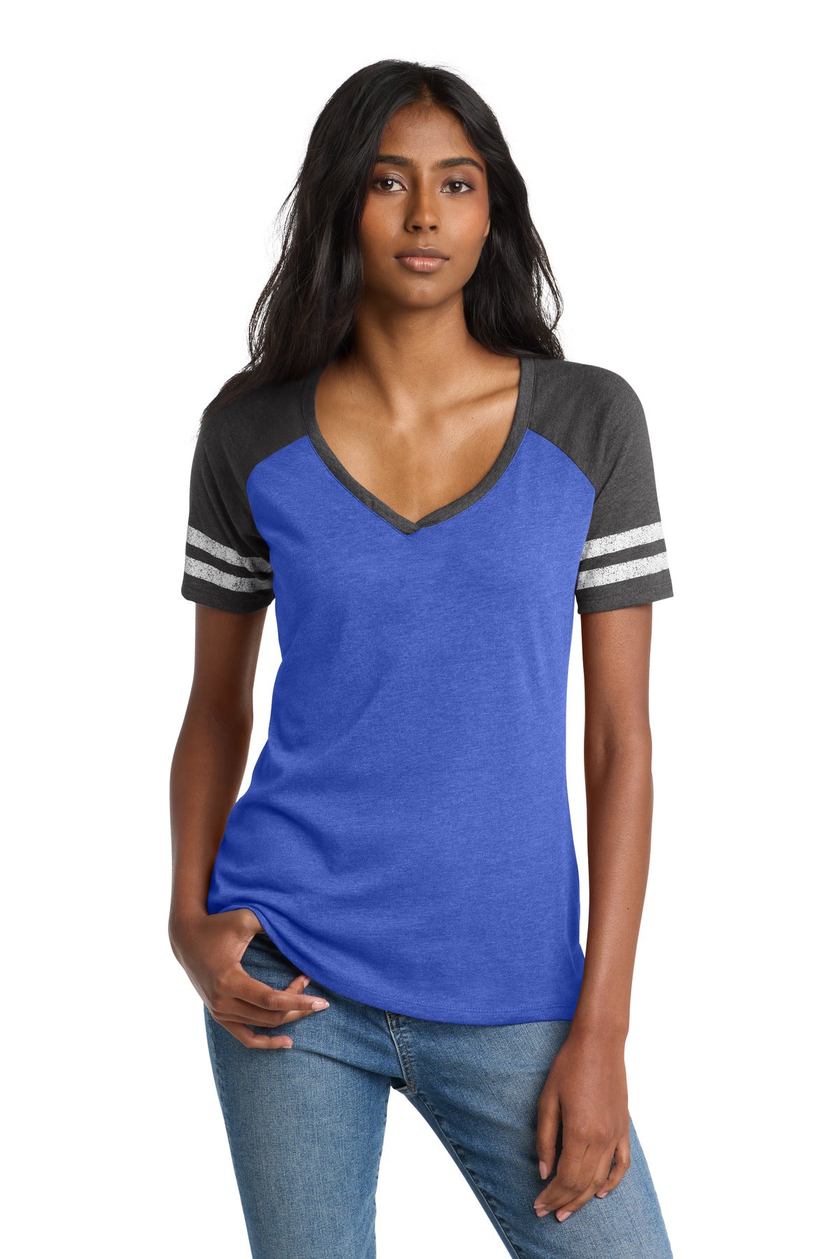 District  Women's Game V-Neck Tee. DM476 - Heathered True Royal/ Heathered Charcoal