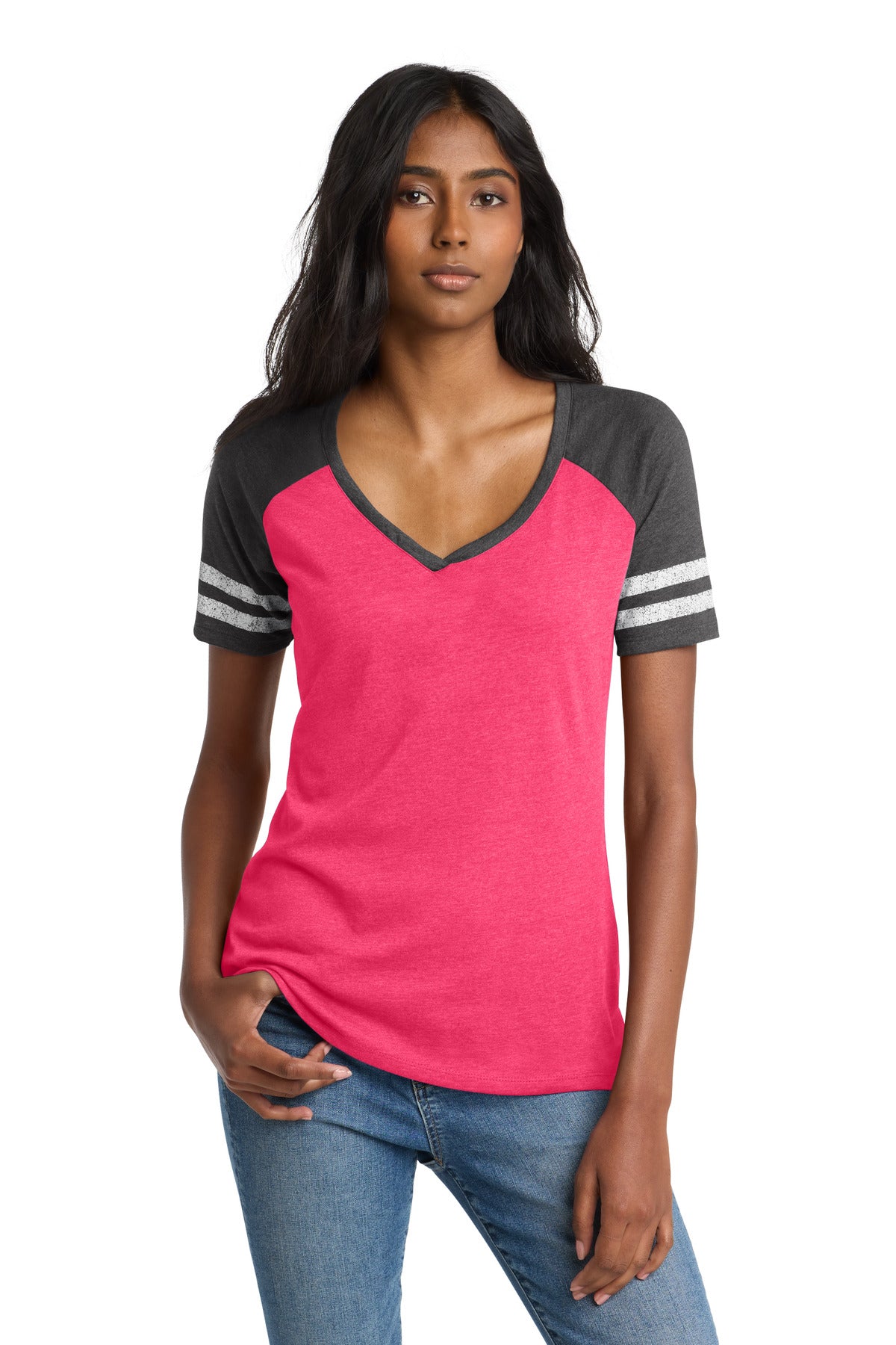 District  Women's Game V-Neck Tee. DM476 - Heathered Watermelon/ Heathered Charcoal