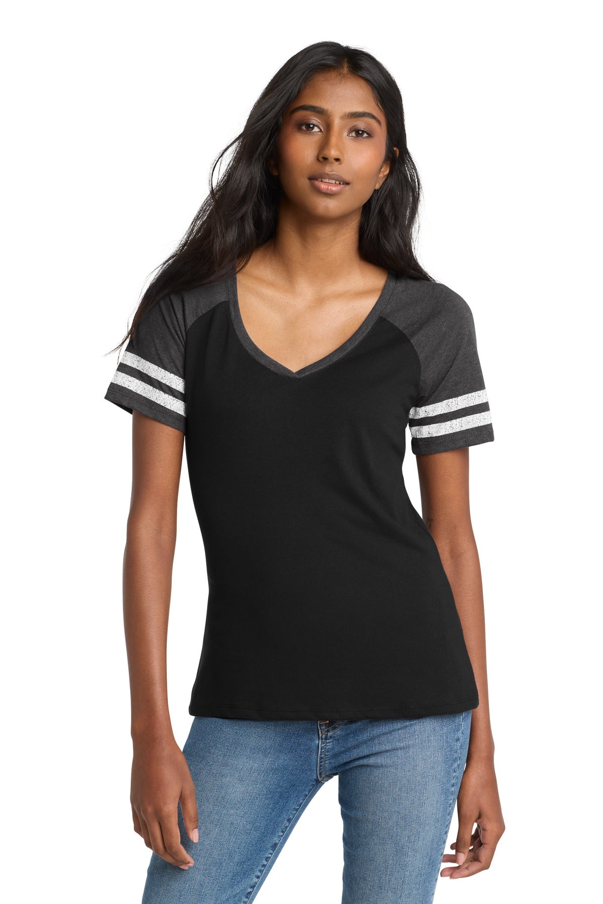 District  Women's Game V-Neck Tee. DM476 - Black/ Heathered Charcoal