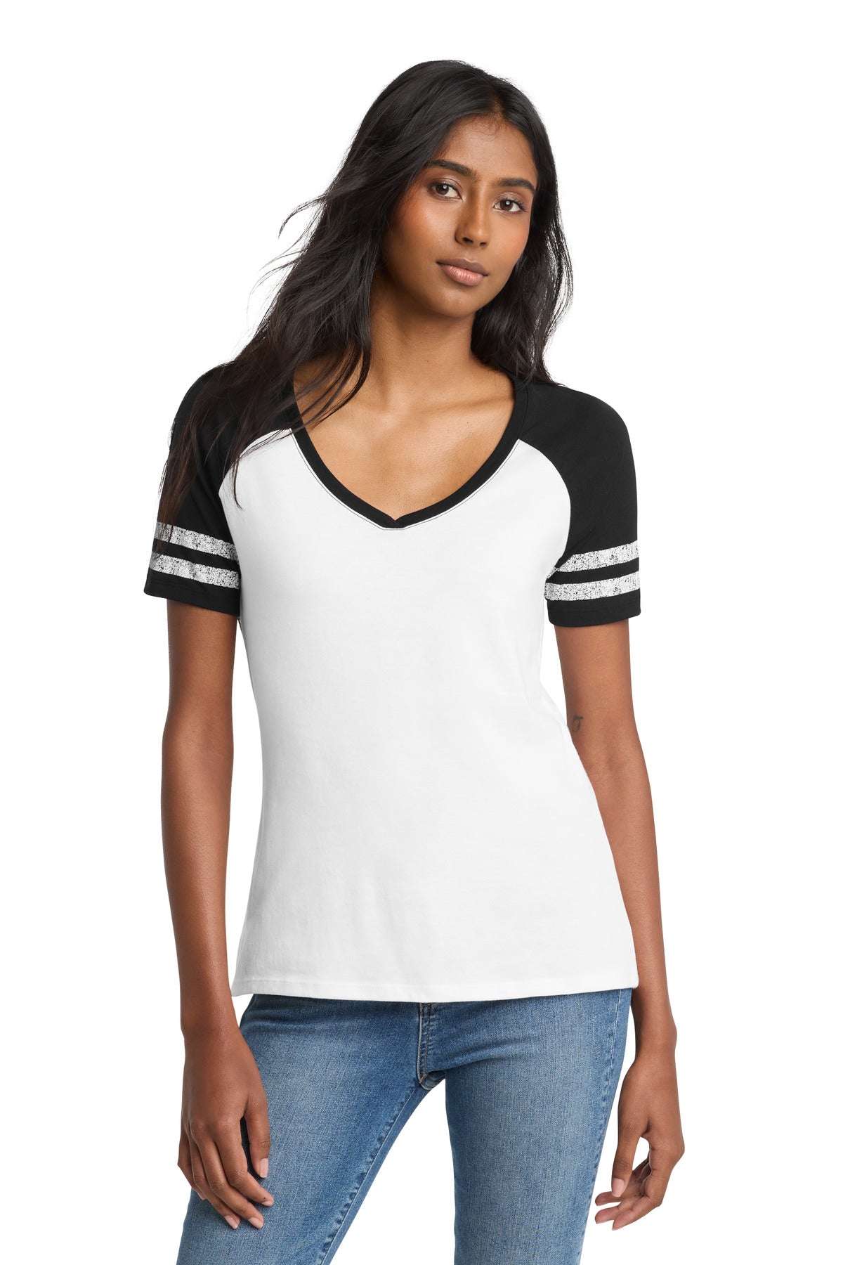 District  Women's Game V-Neck Tee. DM476 - White/ Black