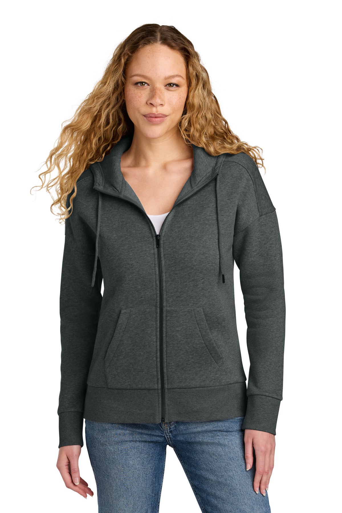 District  Women's Perfect Weight  Fleece Drop Shoulder Full-Zip Hoodie DT1104 - Heathered Charcoal