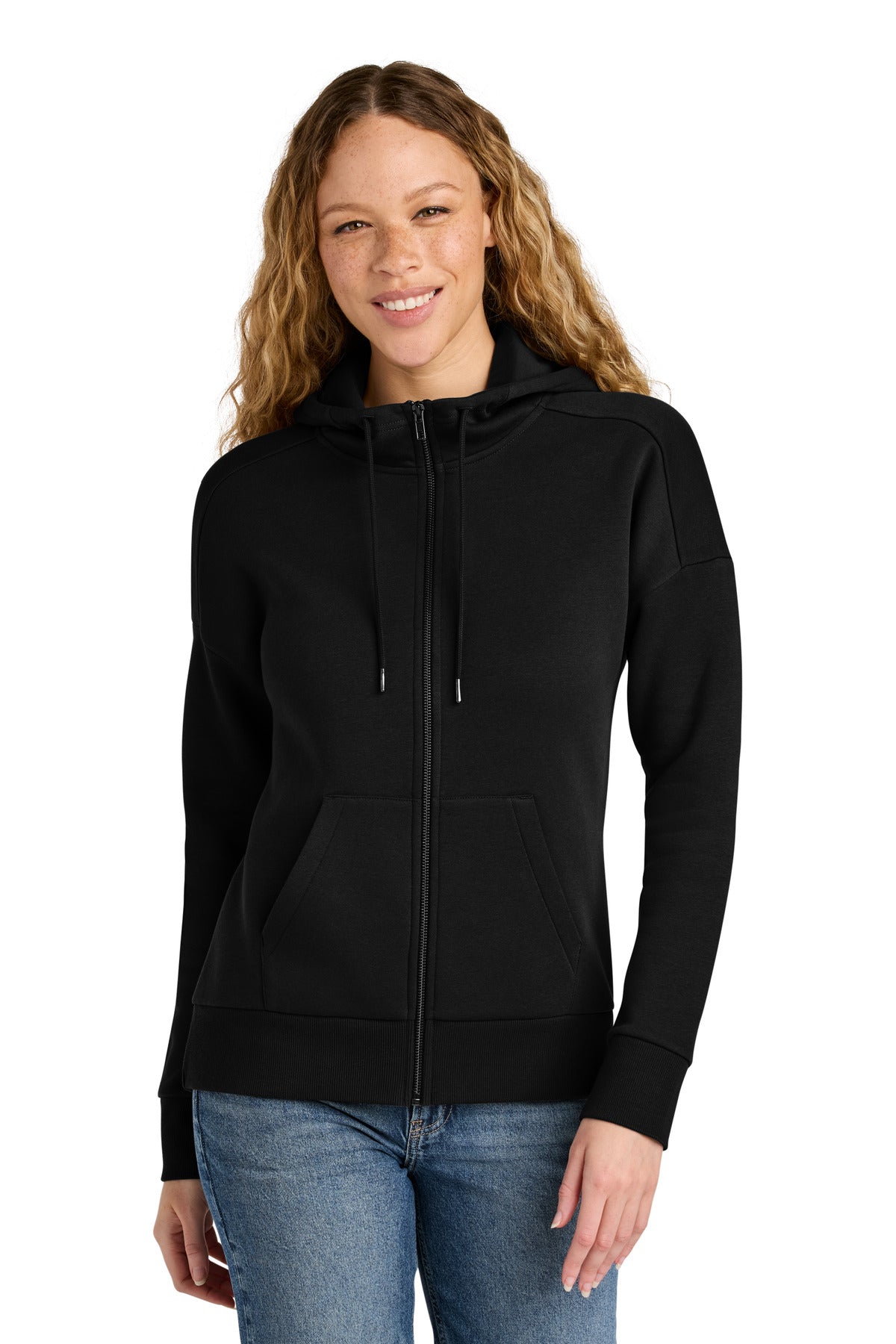 District  Women's Perfect Weight  Fleece Drop Shoulder Full-Zip Hoodie DT1104 - Jet Black