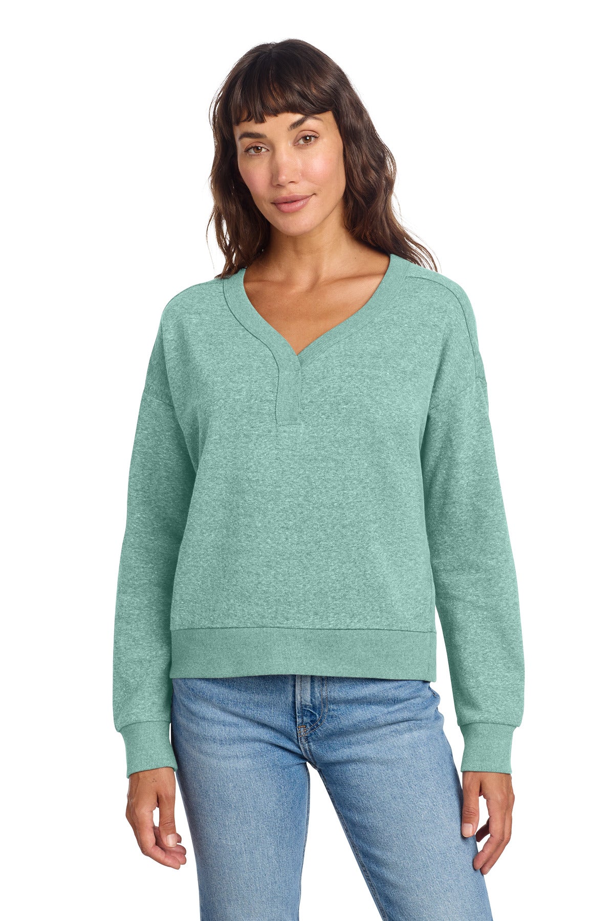 District Women's Perfect Tri Fleece V-Neck Sweatshirt DT1312 - Heathered Eucalyptus Blue