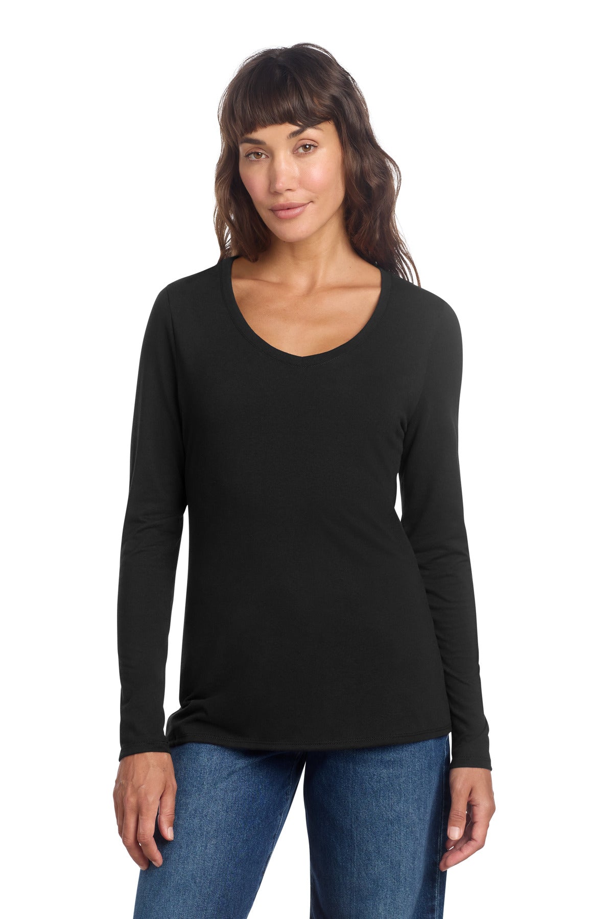 District Women's Perfect Tri Long Sleeve V-Neck Tee DT135 - Black