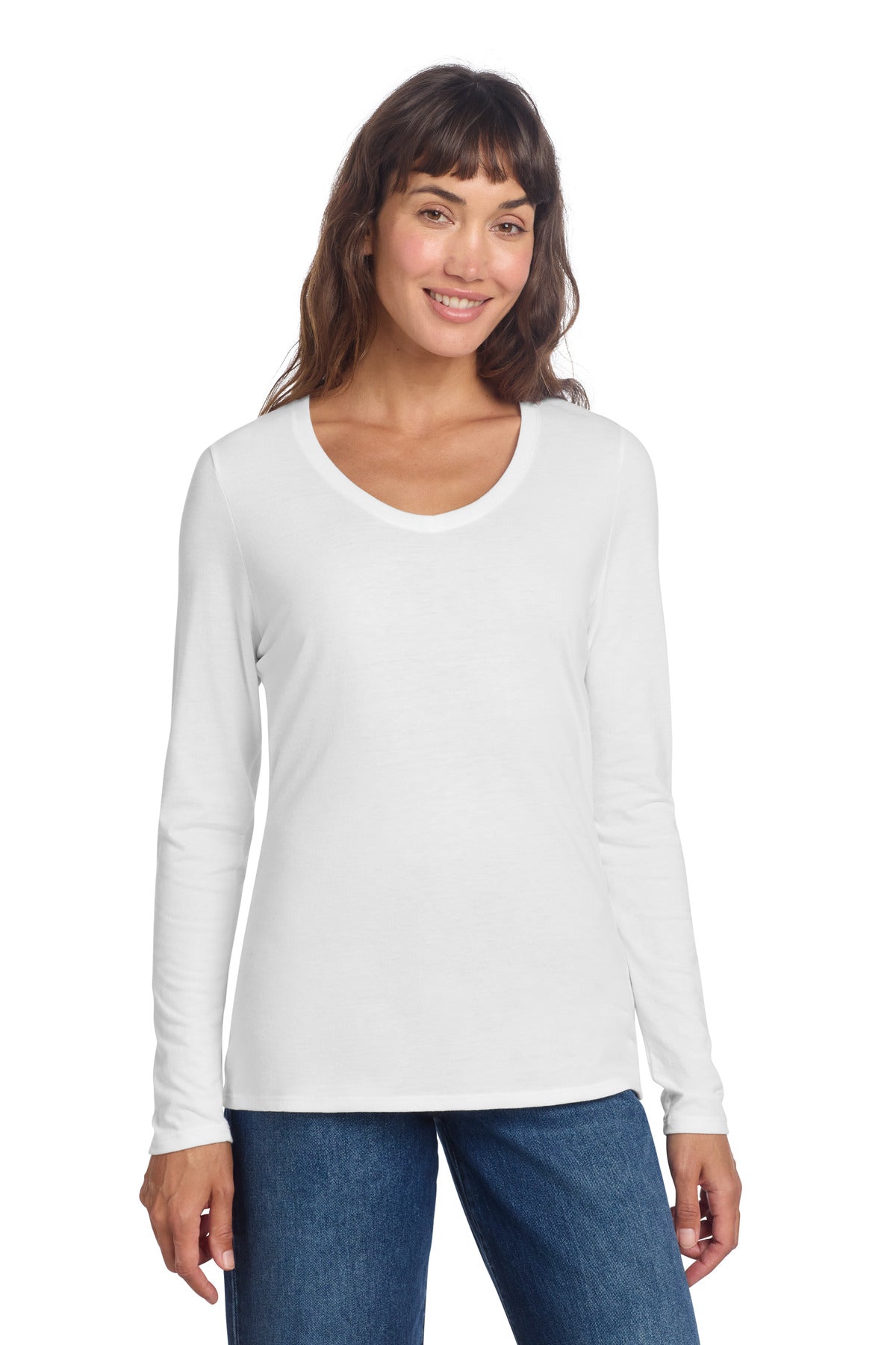 District Women's Perfect Tri Long Sleeve V-Neck Tee DT135 - White