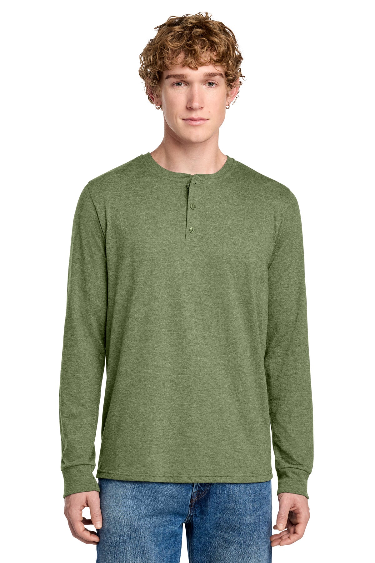 District Perfect Tri Long Sleeve Henley DT145 - Military Green Frost