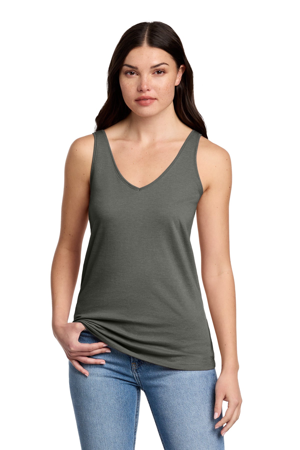 District Women's Perfect Blend CVC V-Neck Tank DT154 - Heathered Charcoal
