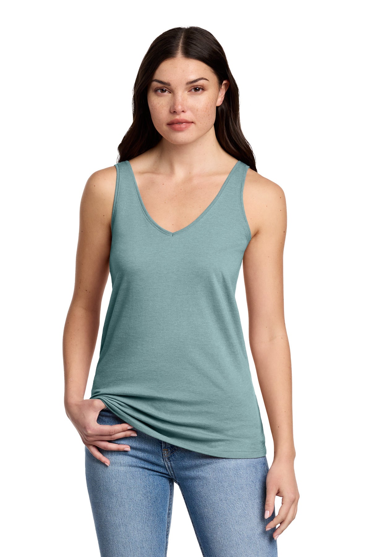 District Women's Perfect Blend CVC V-Neck Tank DT154 - Heathered Eucalyptus Blue