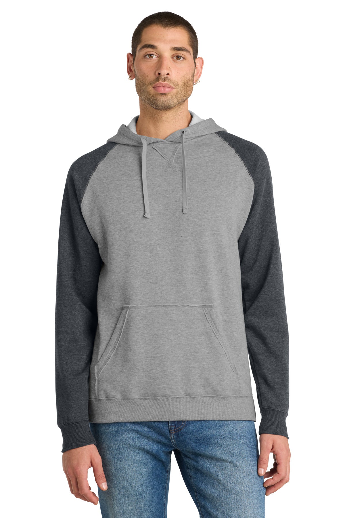 District Young Mens Lightweight Fleece Raglan Hoodie.  DT196 - Heathered Grey/ Heathered Charcoal