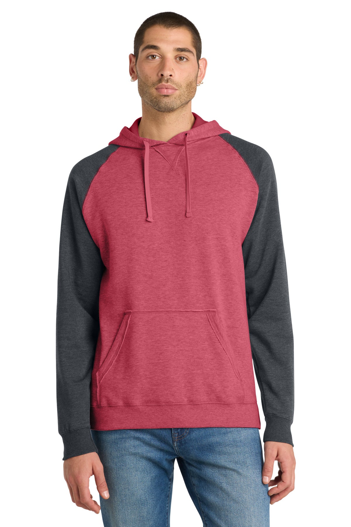 District Young Mens Lightweight Fleece Raglan Hoodie.  DT196 - Heathered Red/ Heathered Charcoal