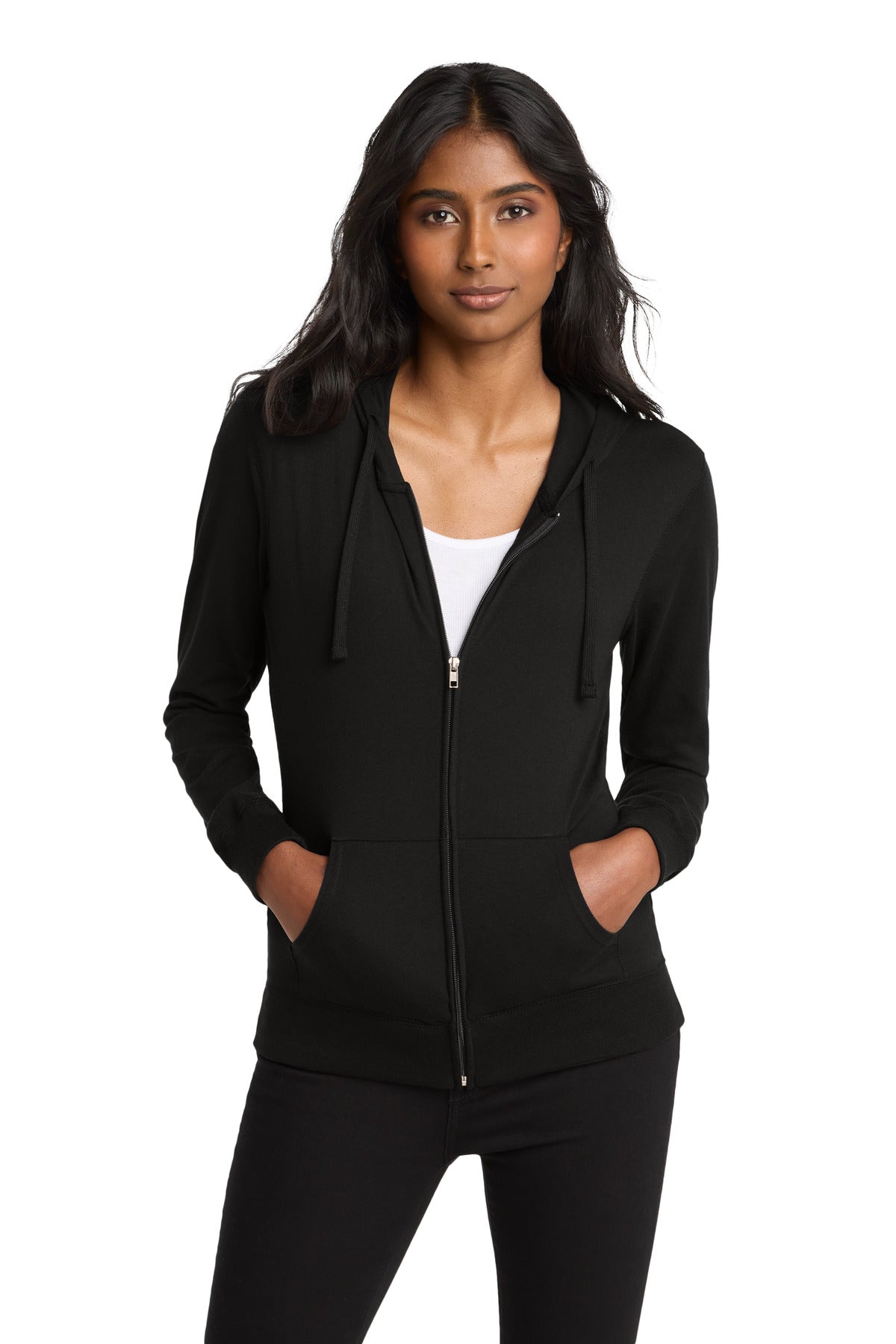 District Women's Fitted Jersey Full-Zip Hoodie. DT2100 - Black