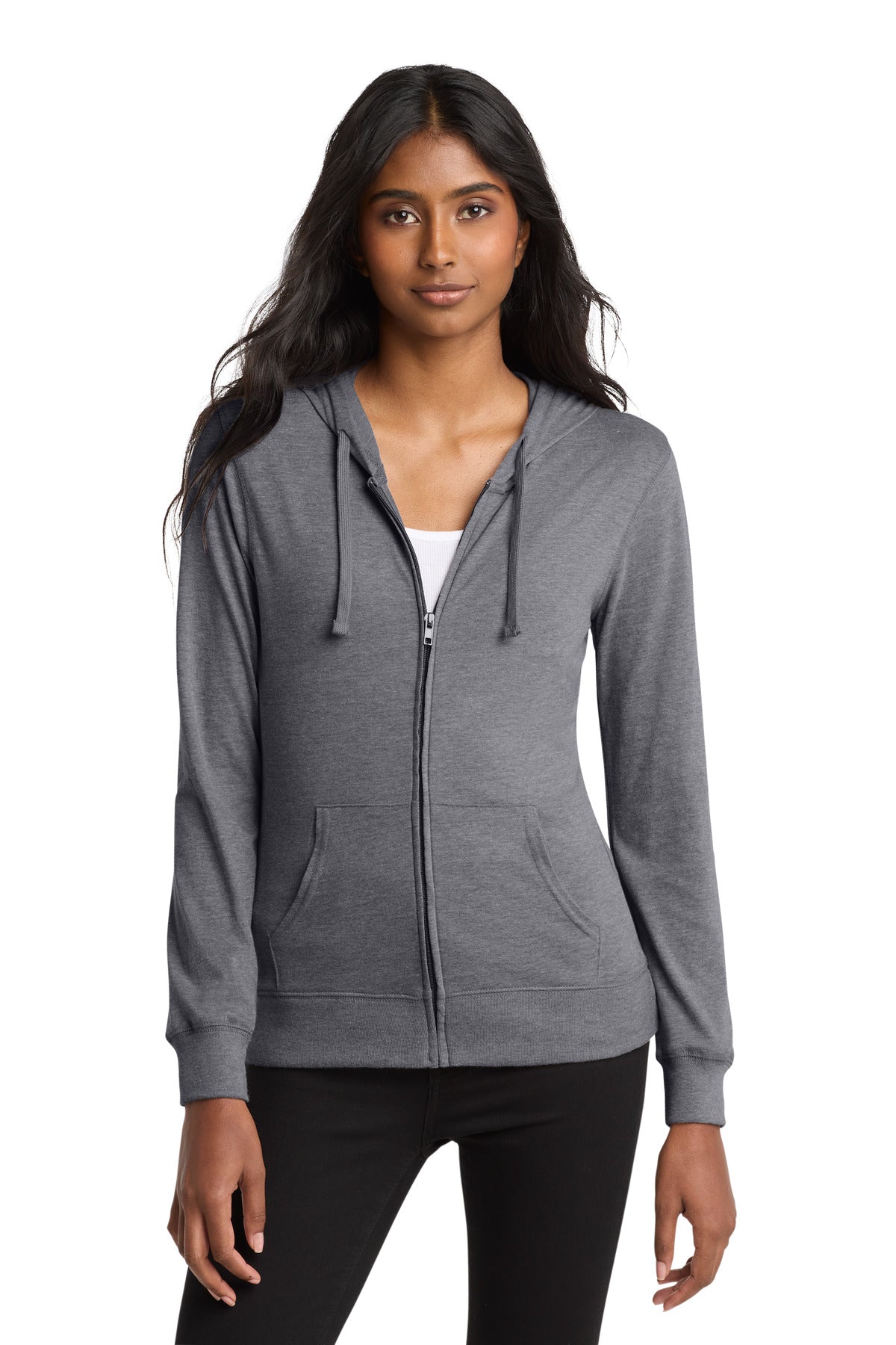 District Women's Fitted Jersey Full-Zip Hoodie. DT2100 - Dark Heather Grey