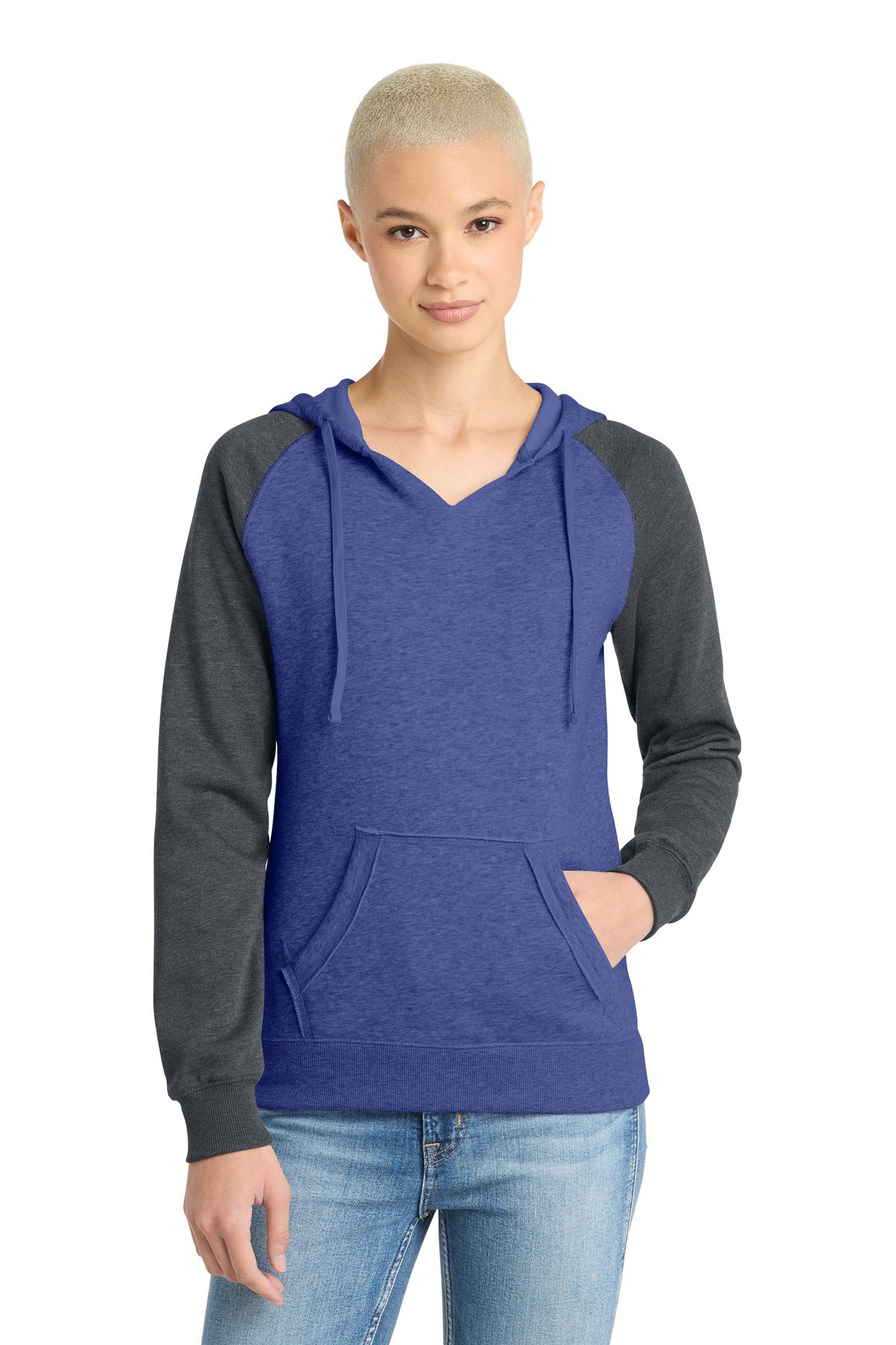 District Women's Lightweight Fleece Raglan Hoodie.  DT296 - Heathered Deep Royal/ Heathered Charcoal
