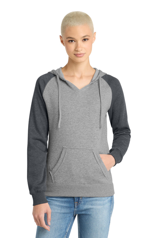 District Women's Lightweight Fleece Raglan Hoodie.  DT296 - Heathered Grey/ Heathered Charcoal