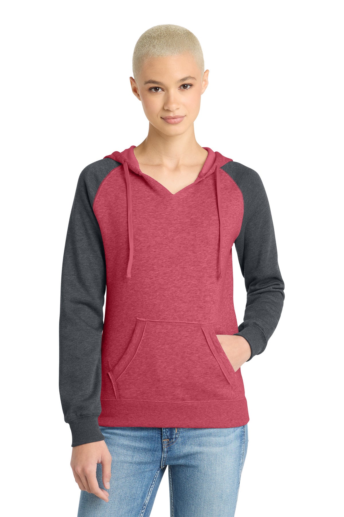 District Women's Lightweight Fleece Raglan Hoodie.  DT296 - Heathered Red/ Heathered Charcoal
