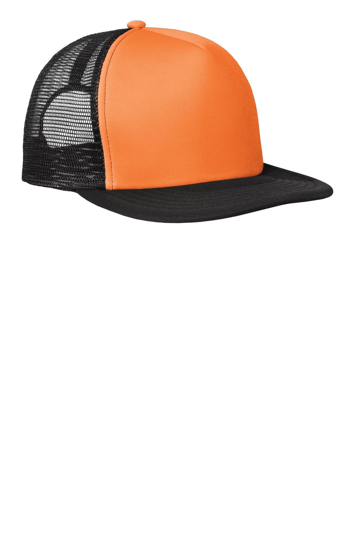 District Flat Bill Snapback Trucker Cap. DT624 - Neon Orange