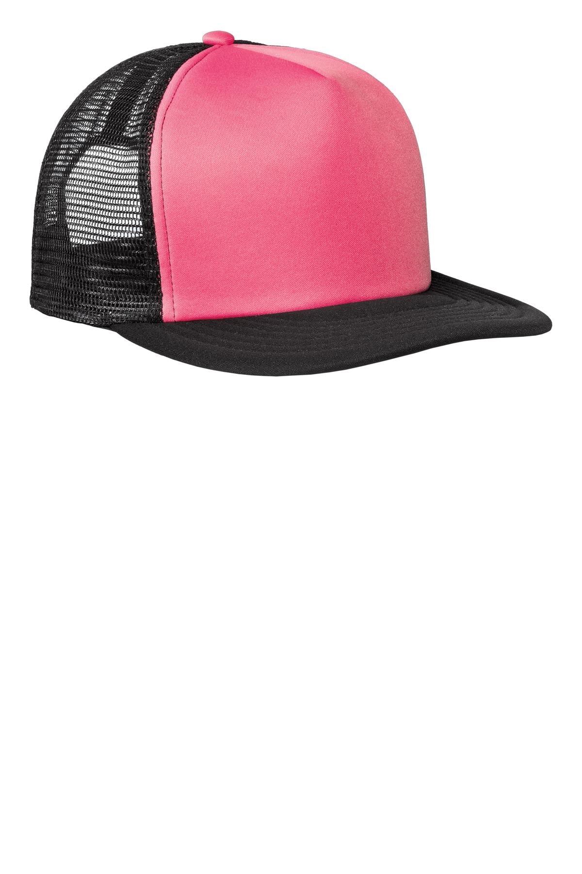 District Flat Bill Snapback Trucker Cap. DT624 - Neon Pink