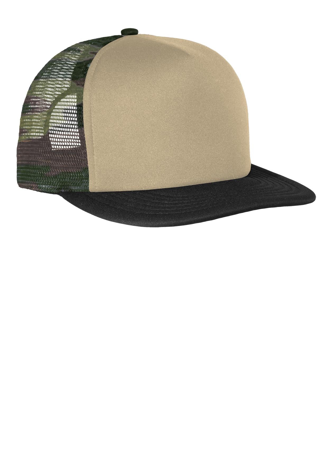 District Flat Bill Snapback Trucker Cap. DT624 - Military Camo