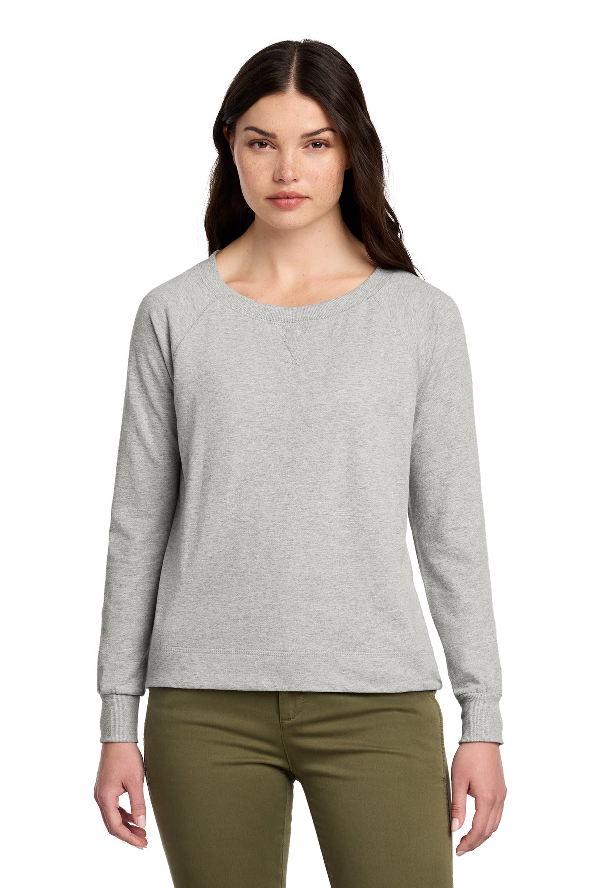 District Women's Featherweight French Terry Long Sleeve Crewneck DT672 - Light Heather Grey