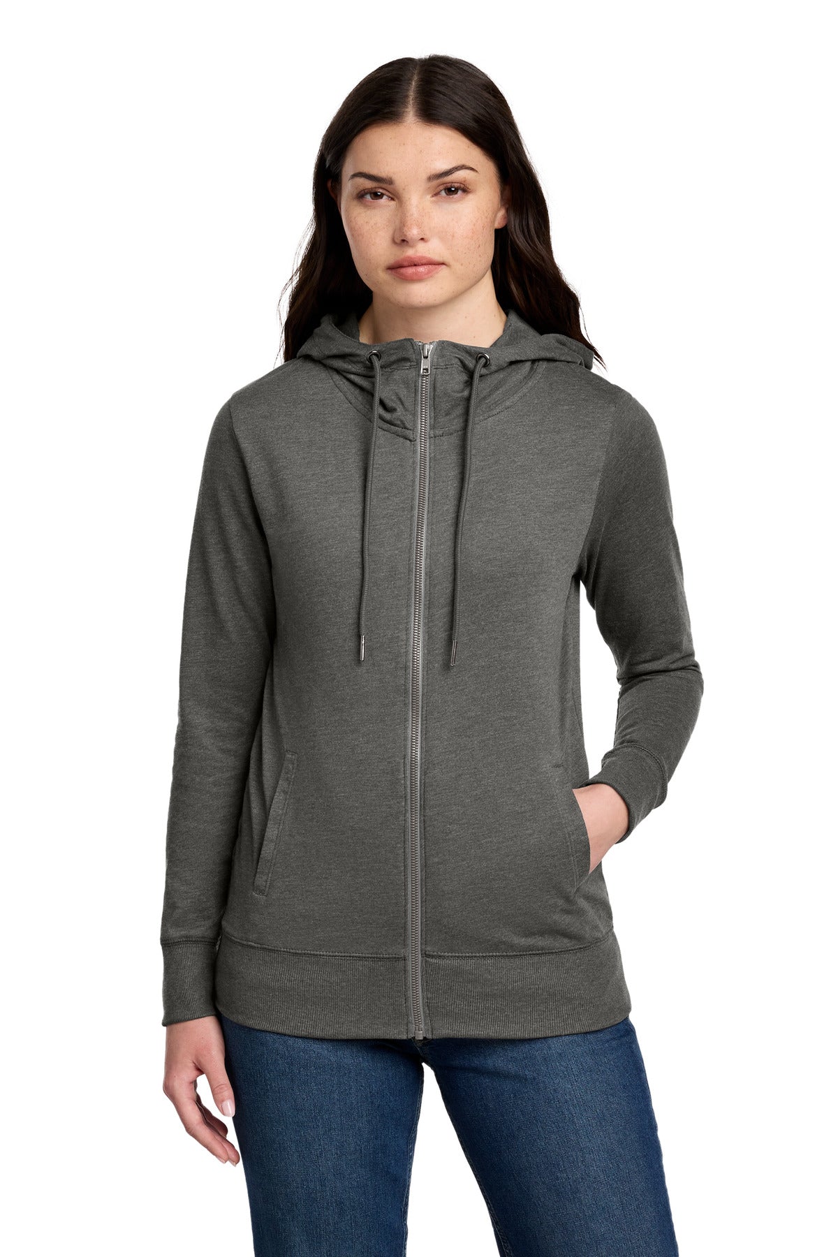 District Women's Featherweight French Terry Full-Zip Hoodie DT673 - Washed Coal