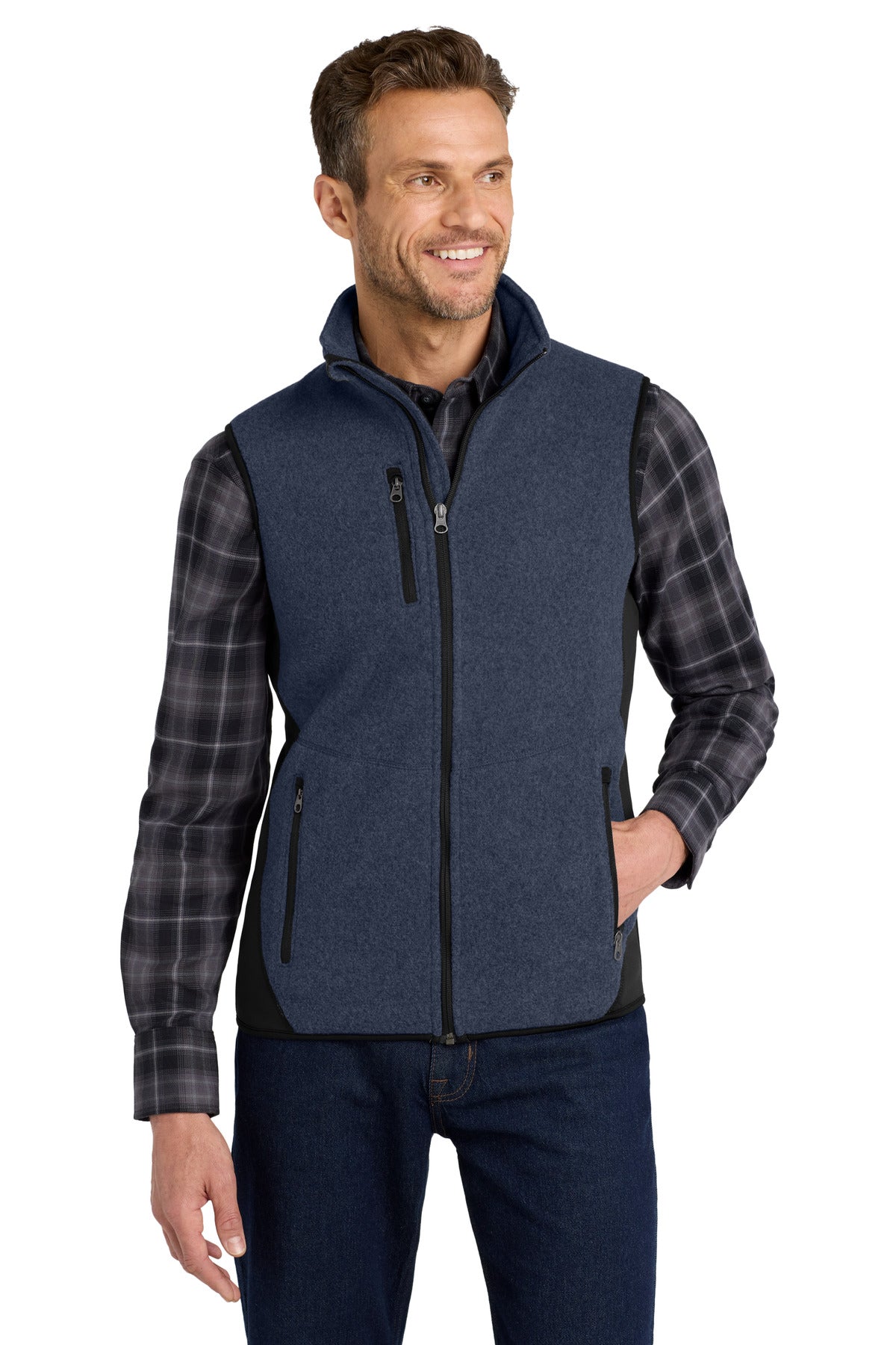 Port Authority R-Tek Pro Fleece Full-Zip Vest. F228 - Navy Heather/ Black