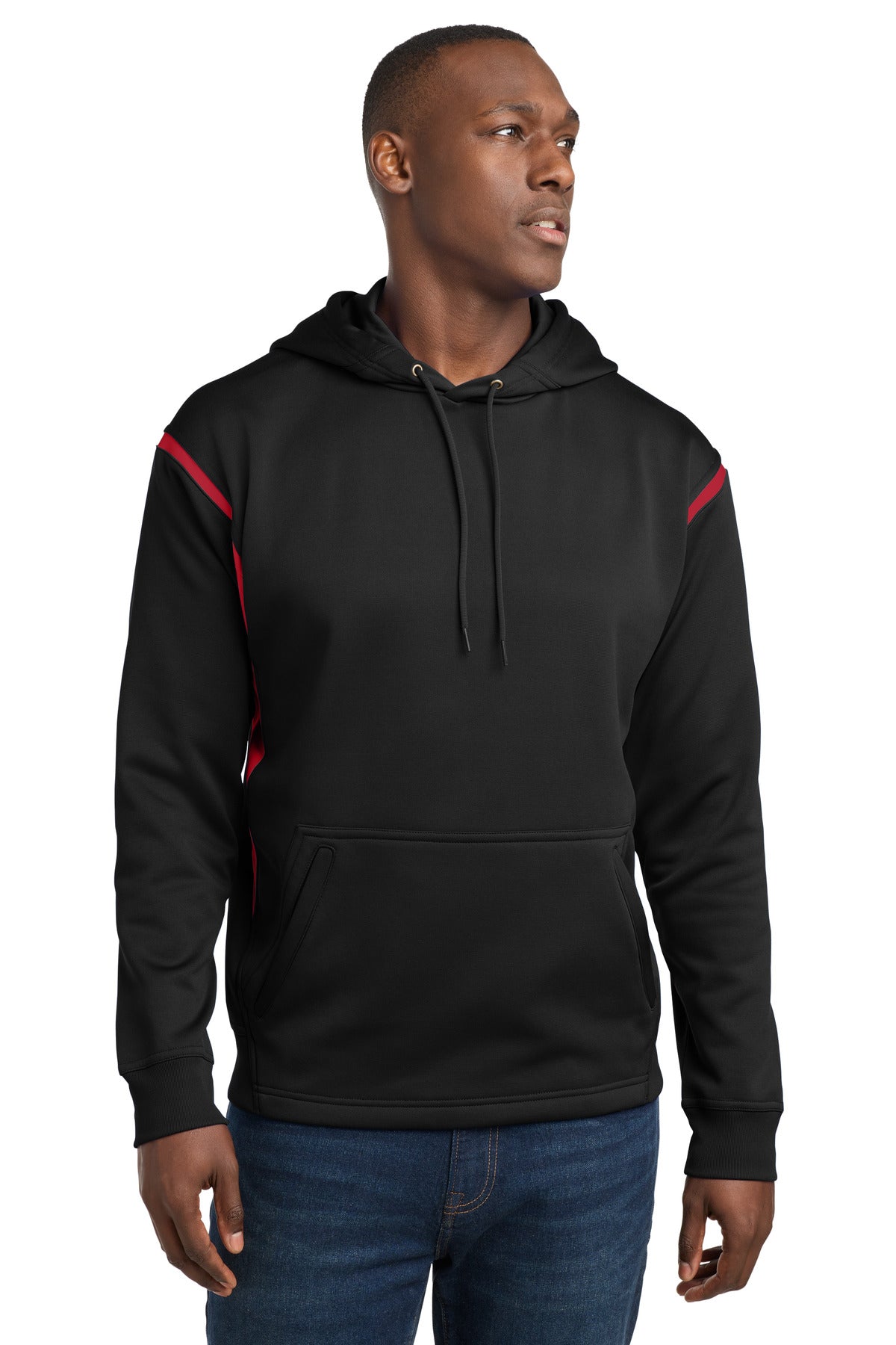 Sport-Tek Tech Fleece Colorblock Hooded Sweatshirt. F246 - Black/ True Red