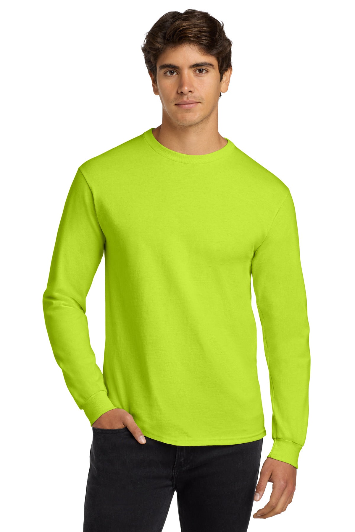 Gildan - Ultra Cotton 100% US Cotton Long Sleeve T-Shirt.  G2400 - Safety Green