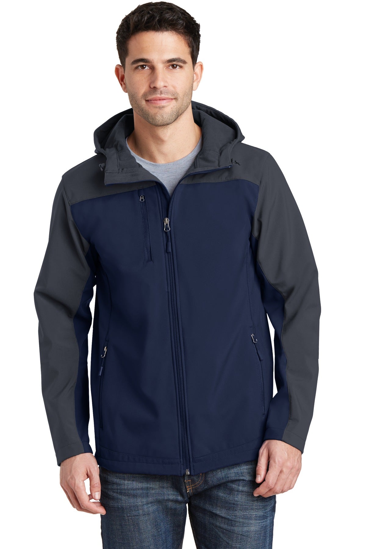 Port Authority Hooded Core Soft Shell Jacket. J335 - Dress Blue Navy/ Battleship Grey