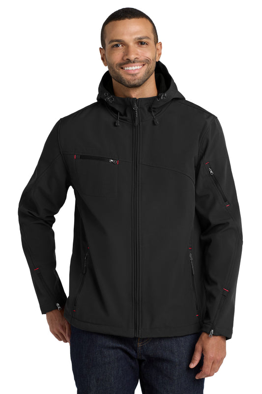 Port Authority Textured Hooded Soft Shell Jacket. J706 - Black/ Engine Red
