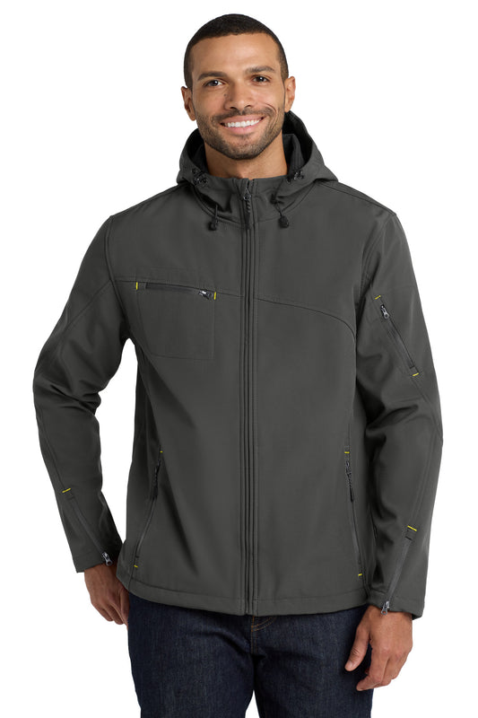 Port Authority Textured Hooded Soft Shell Jacket. J706 - Charcoal/ Lemon Yellow