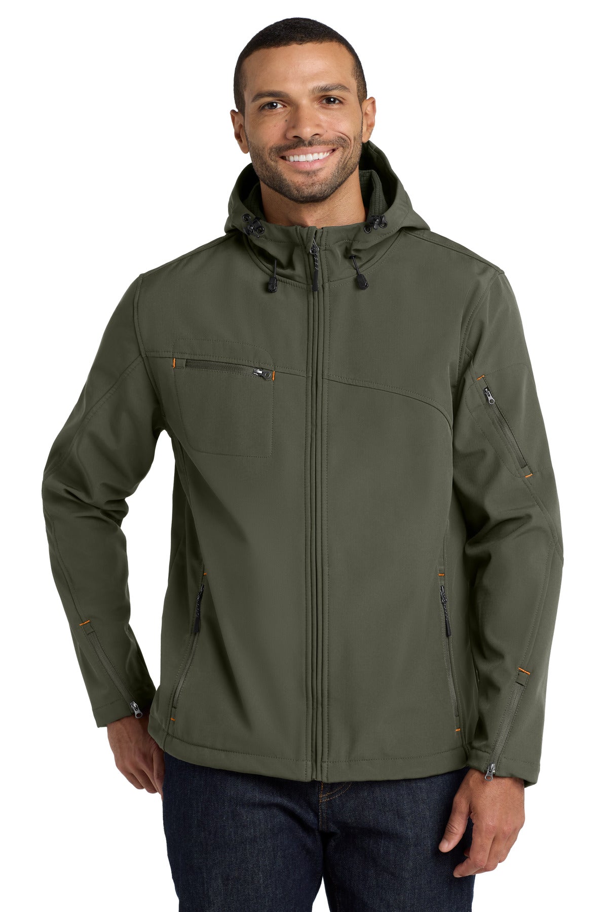 Port Authority Textured Hooded Soft Shell Jacket. J706 - Mineral Green/ Soft Orange