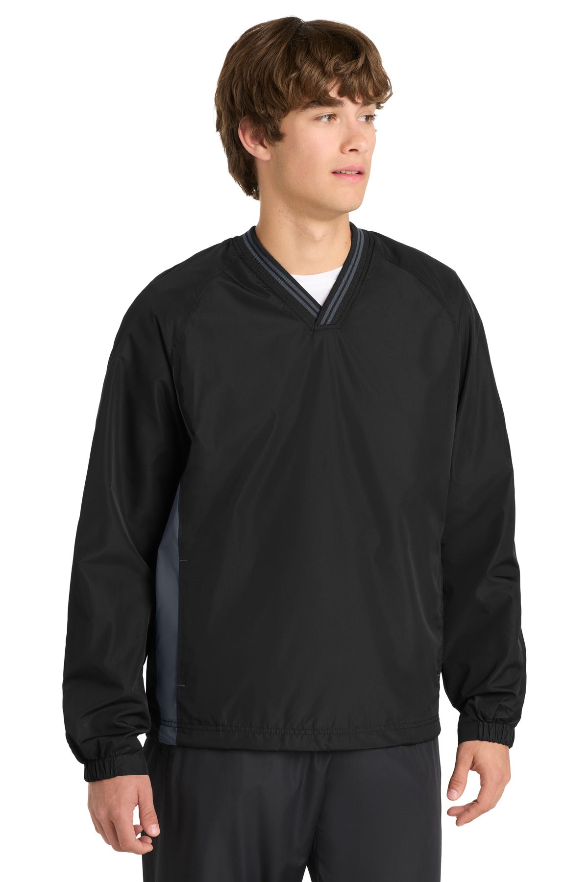 Sport-Tek Tipped V-Neck Raglan Wind Shirt. JST62 - Black/ Graphite