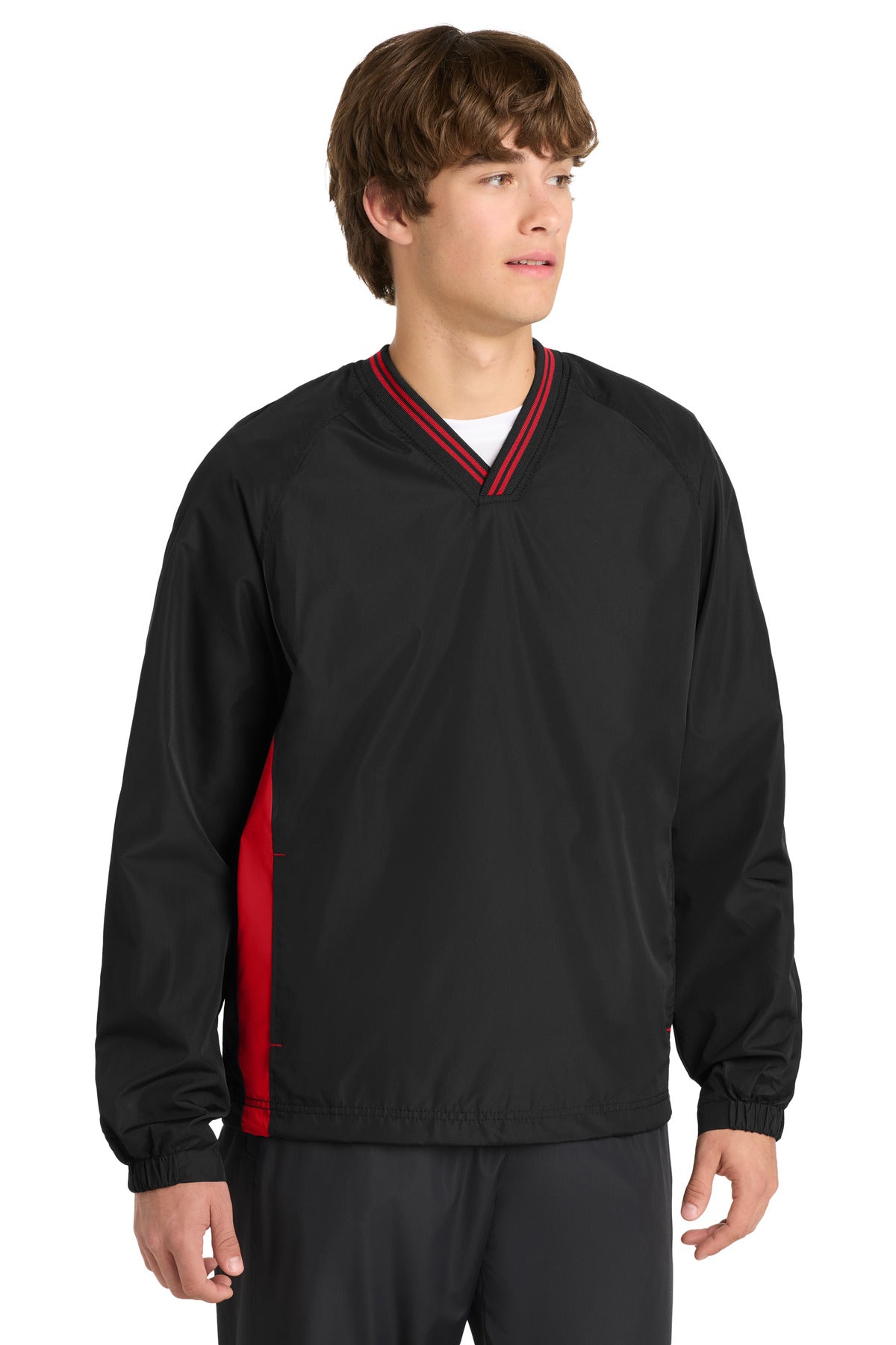 Sport-Tek Tipped V-Neck Raglan Wind Shirt. JST62 - Black/ True Red