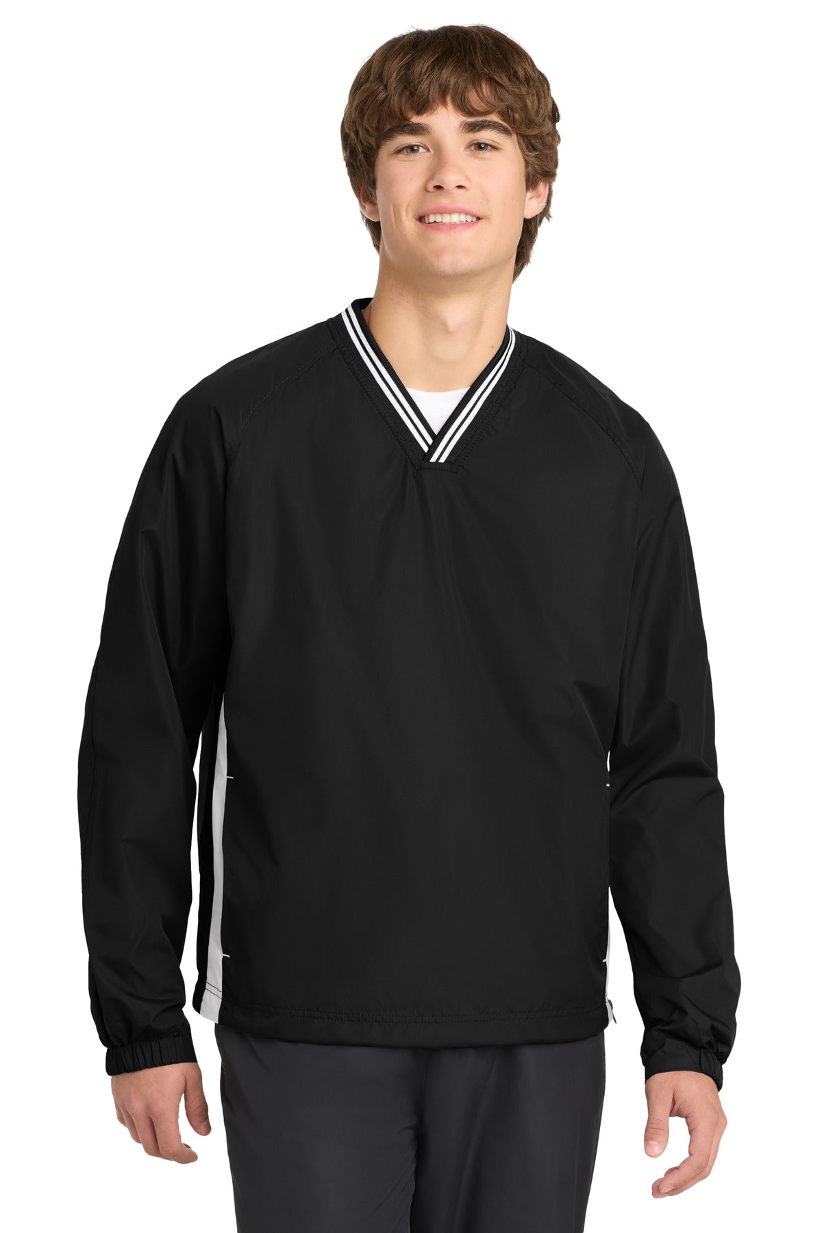 Sport-Tek Tipped V-Neck Raglan Wind Shirt. JST62 - Black/ White