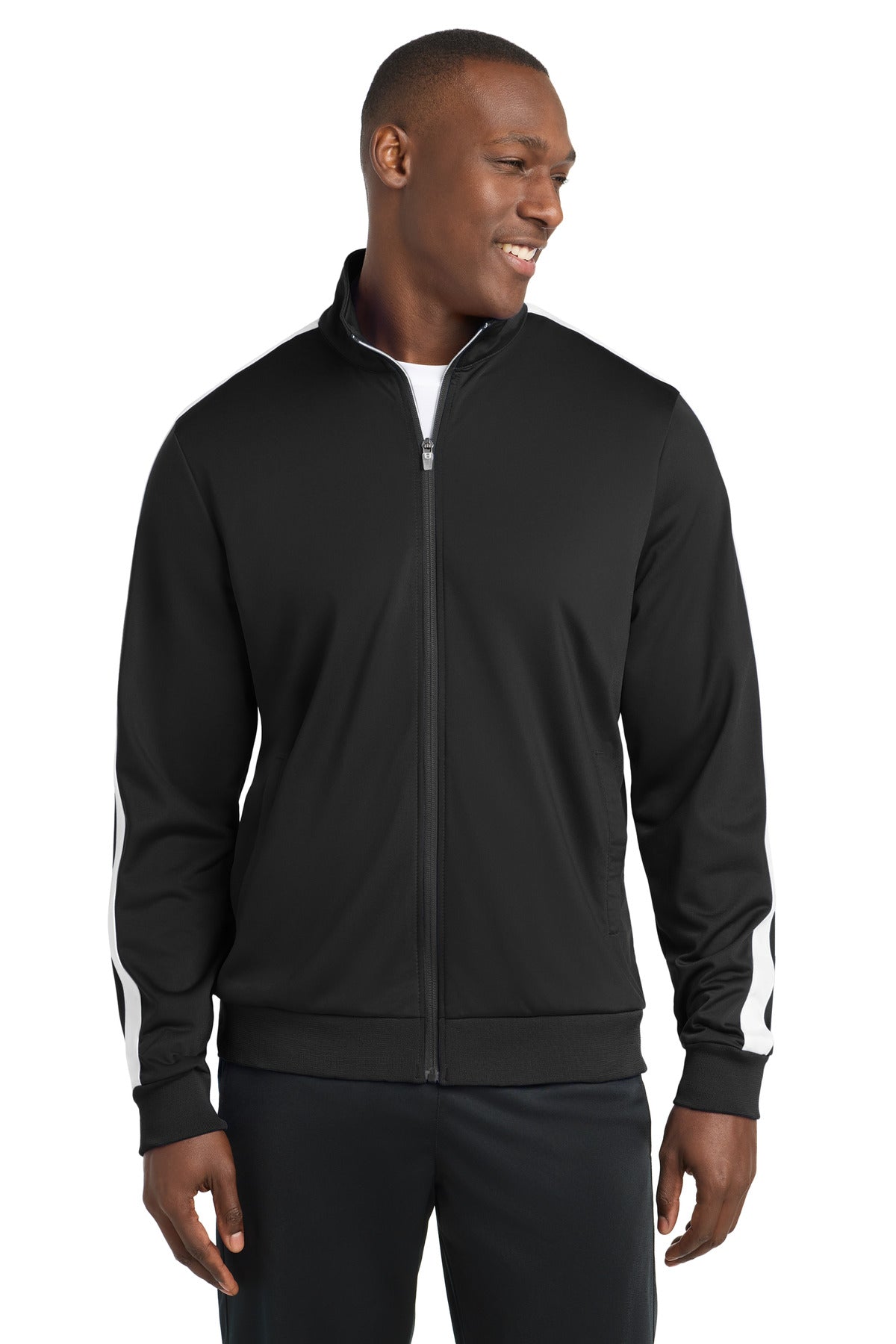 Sport-Tek  Tricot Sleeve Stripe Track Jacket. JST94 - Black/ White