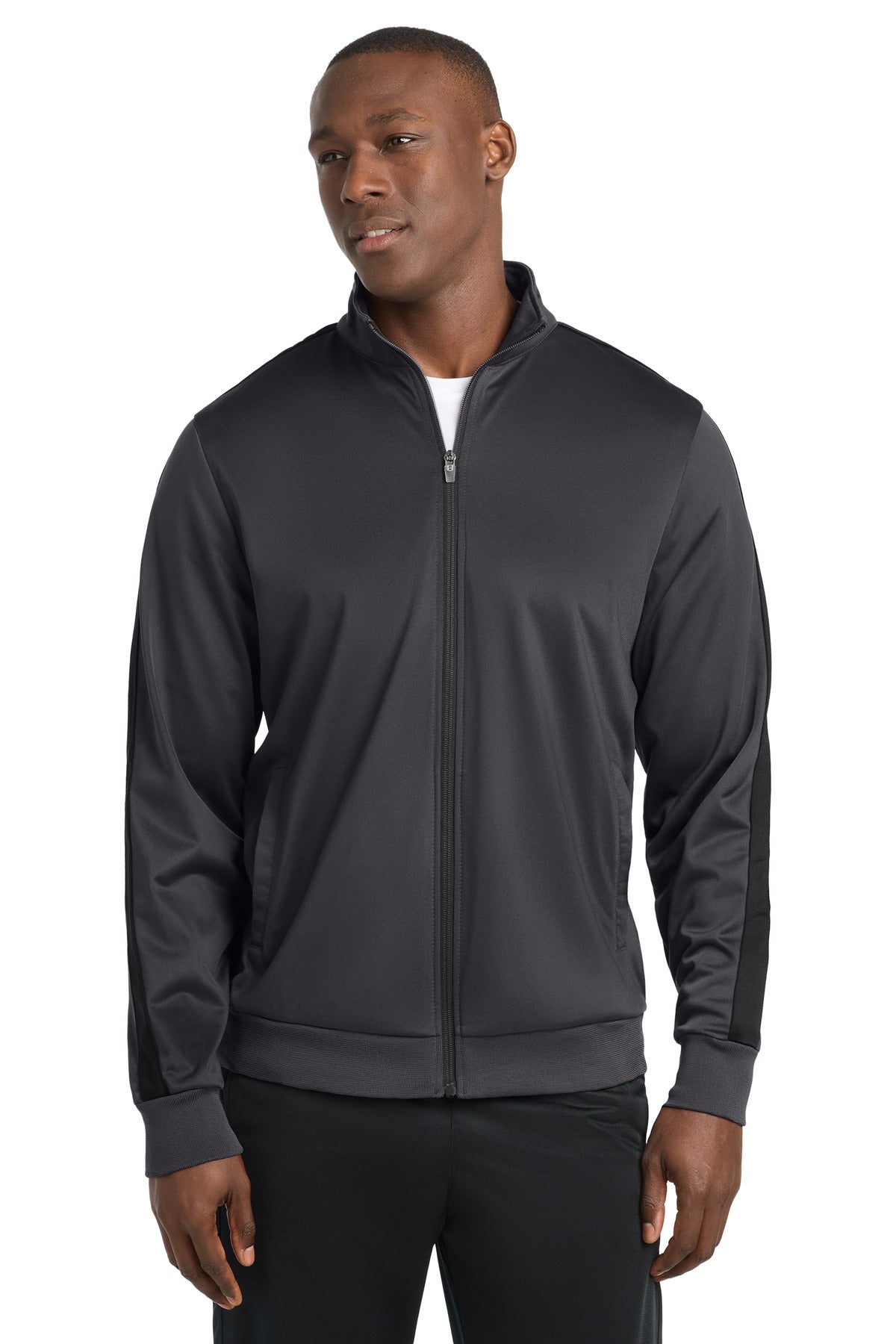 Sport-Tek  Tricot Sleeve Stripe Track Jacket. JST94 - Graphite/ Black