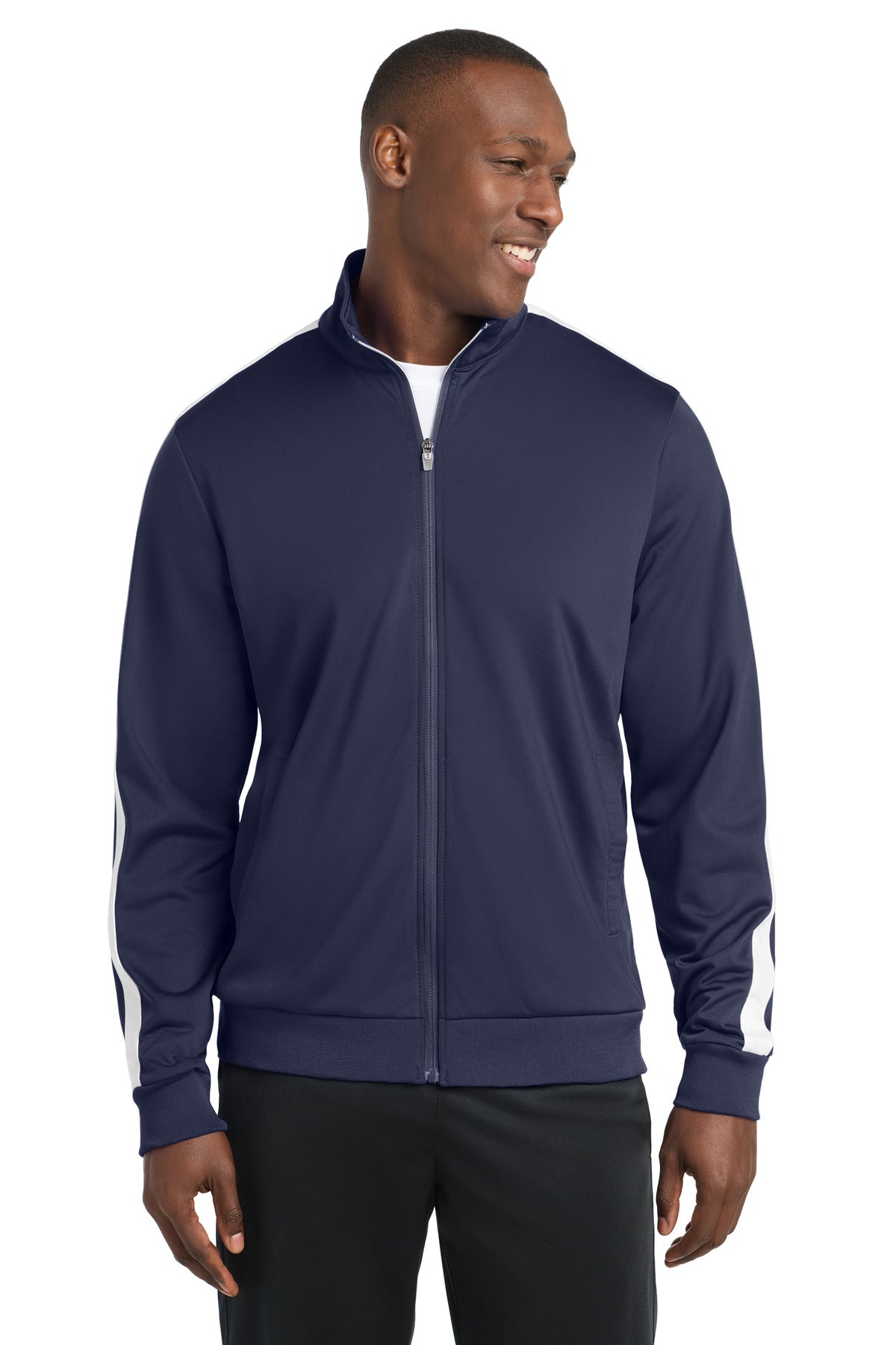 Sport-Tek  Tricot Sleeve Stripe Track Jacket. JST94 - True Navy/ White