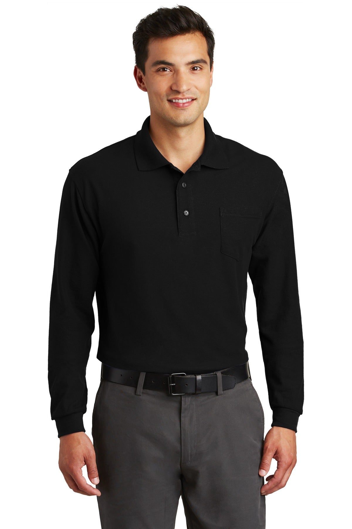 Port Authority Long Sleeve Silk Touch Polo with Pocket.  K500LSP - Black